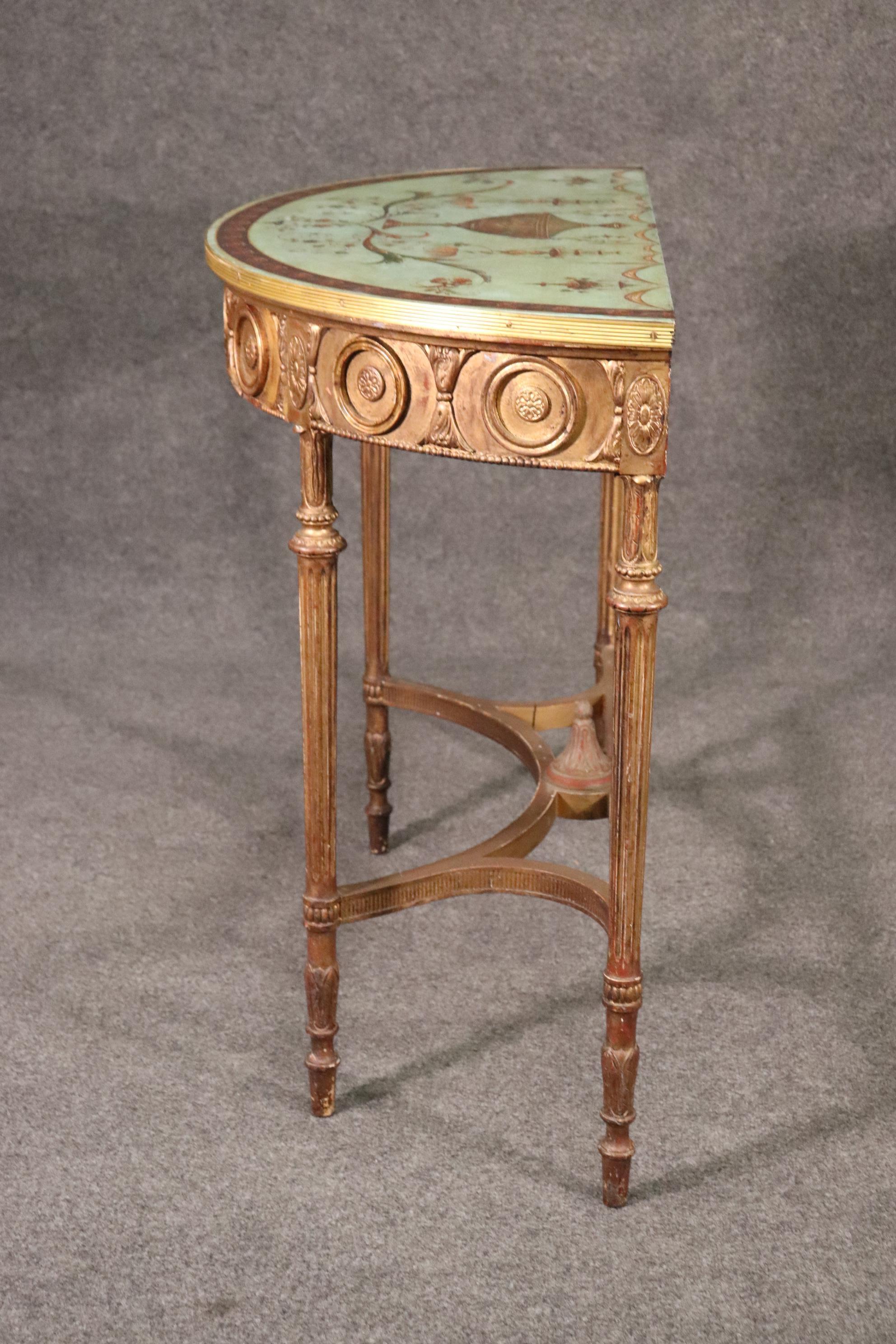 Walnut Fine Quality Paint Decorated Gilded Adams Demilune Console Table, Circa 1890 For Sale