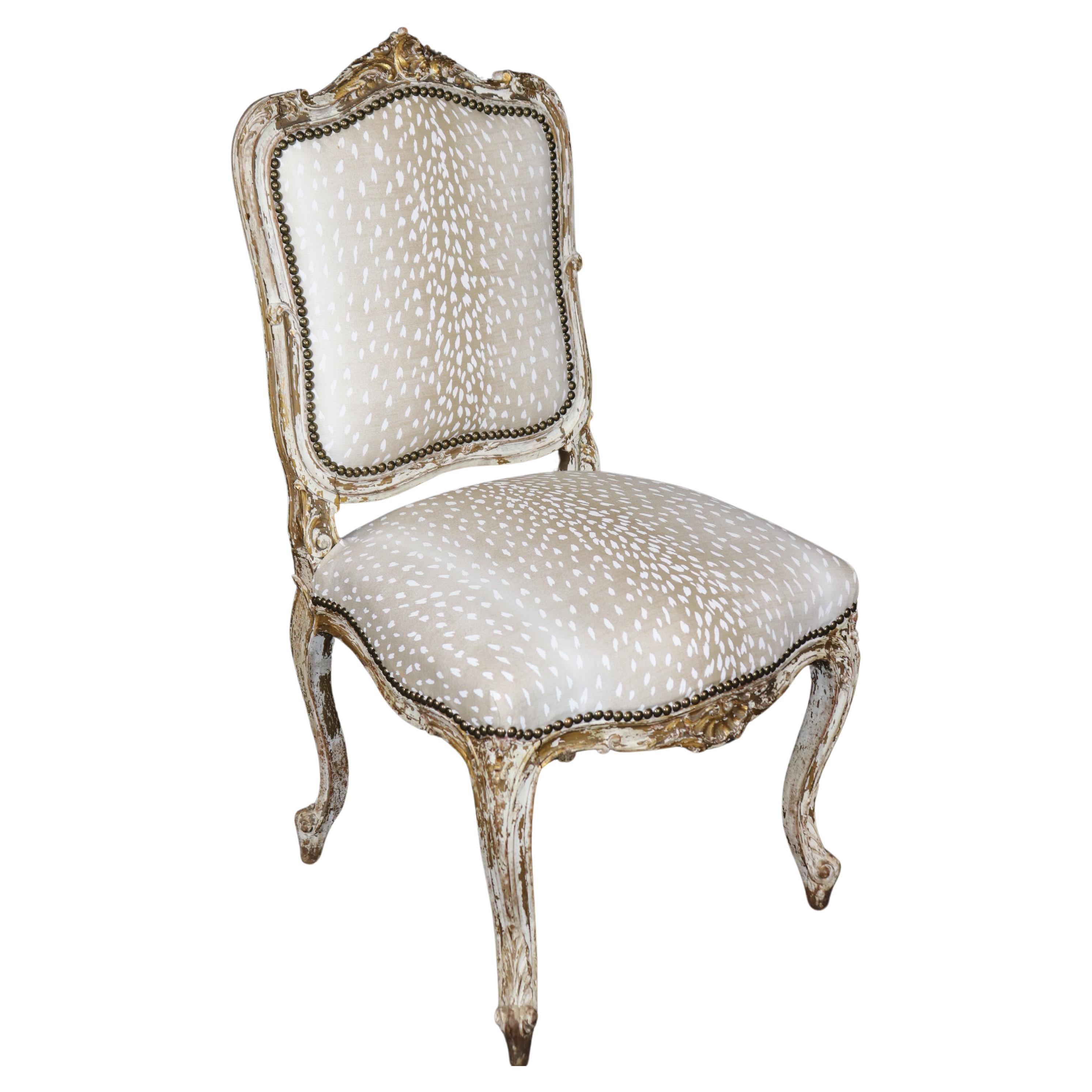 Fine Quality Painted Period Antique French Louis XV Side Chair with Animal Print