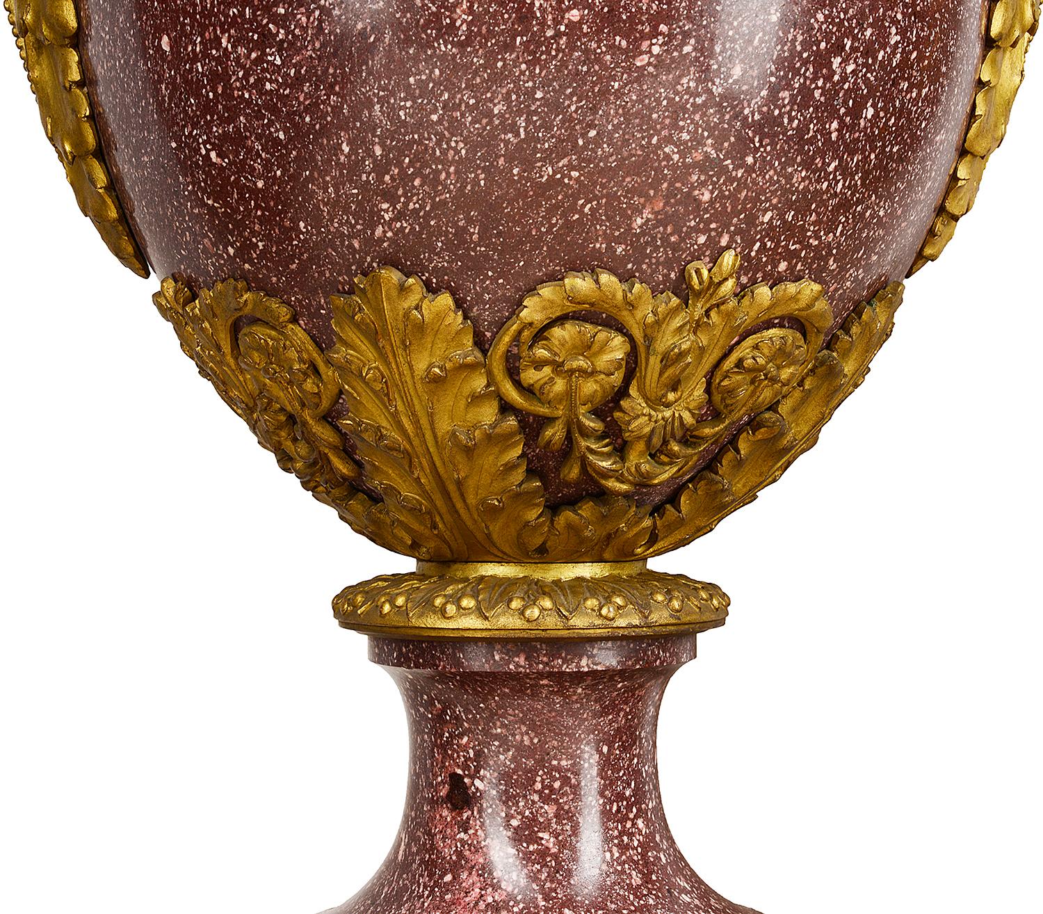 Ormolu Fine Quality Pair of 19th Century French Porphery Urns