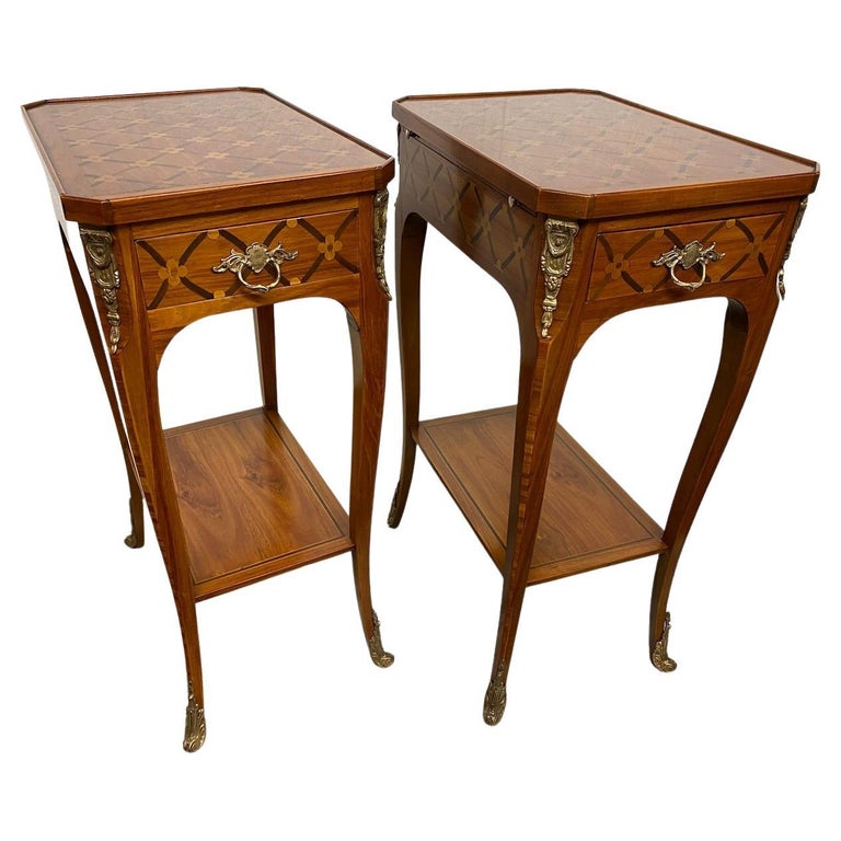 Fine Quality Pair French Marquetry Bedside Lamp Tables For Sale at 1stDibs