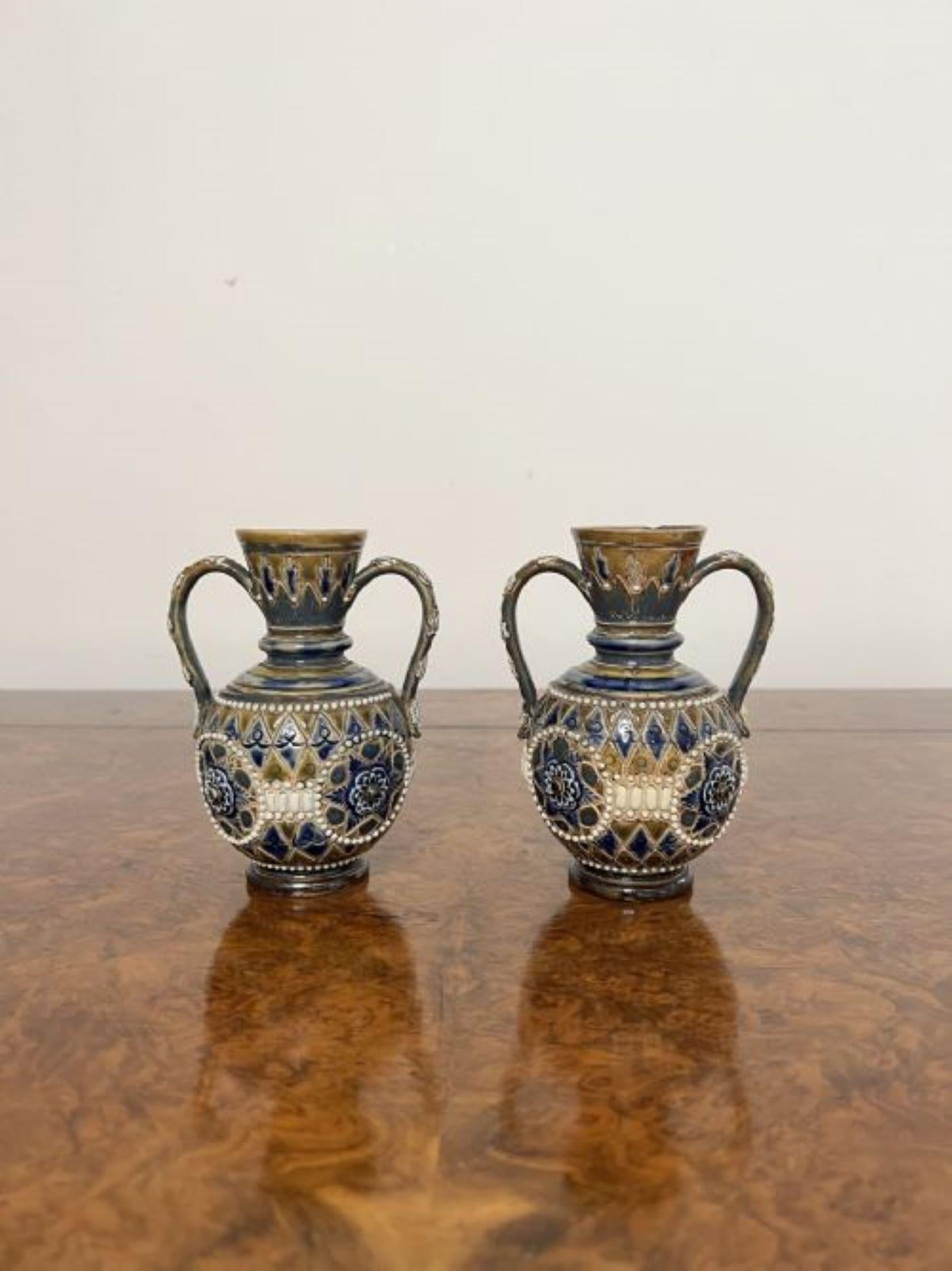 19th Century Fine quality pair of antique Victorian Doulton Lambeth small vases  For Sale
