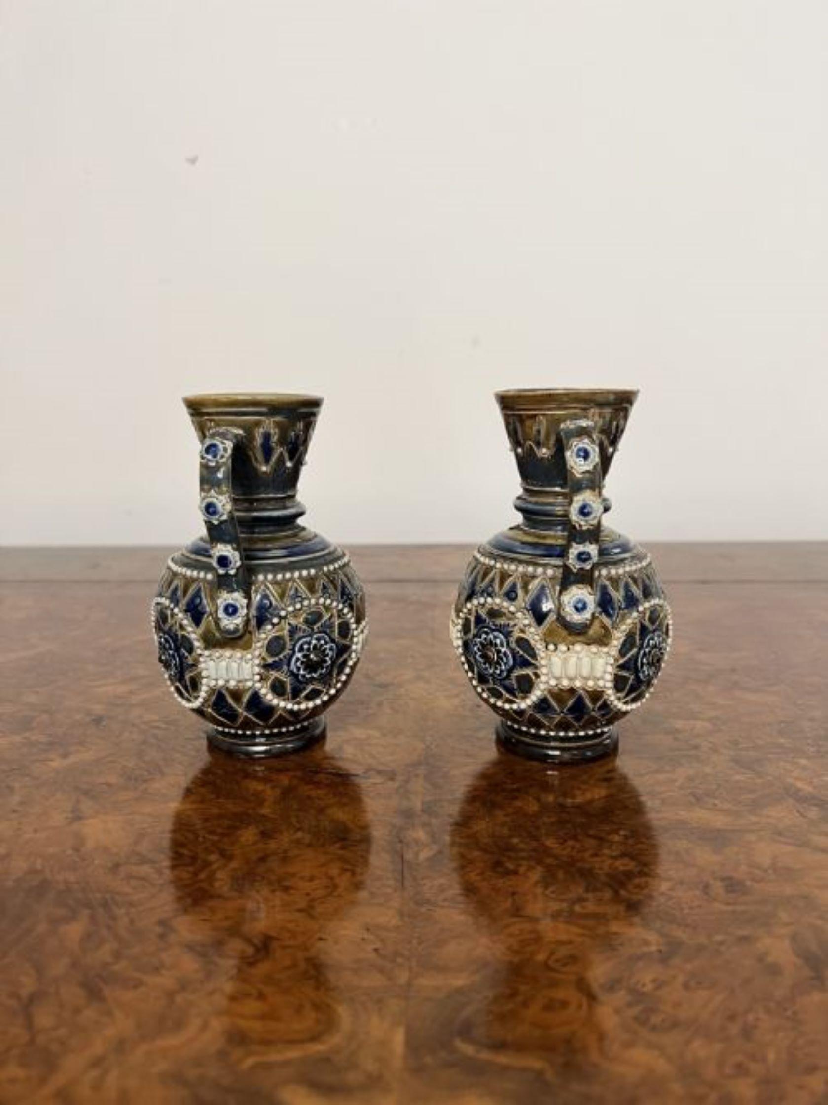 Ceramic Fine quality pair of antique Victorian Doulton Lambeth small vases  For Sale