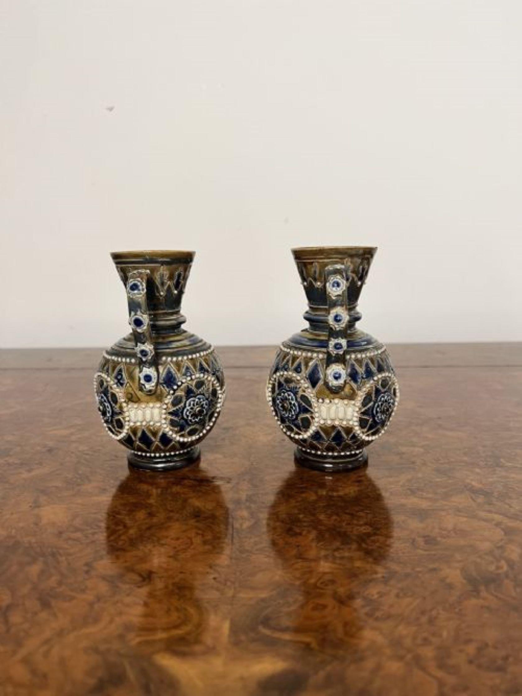 Fine quality pair of antique Victorian Doulton Lambeth small vases  For Sale 1