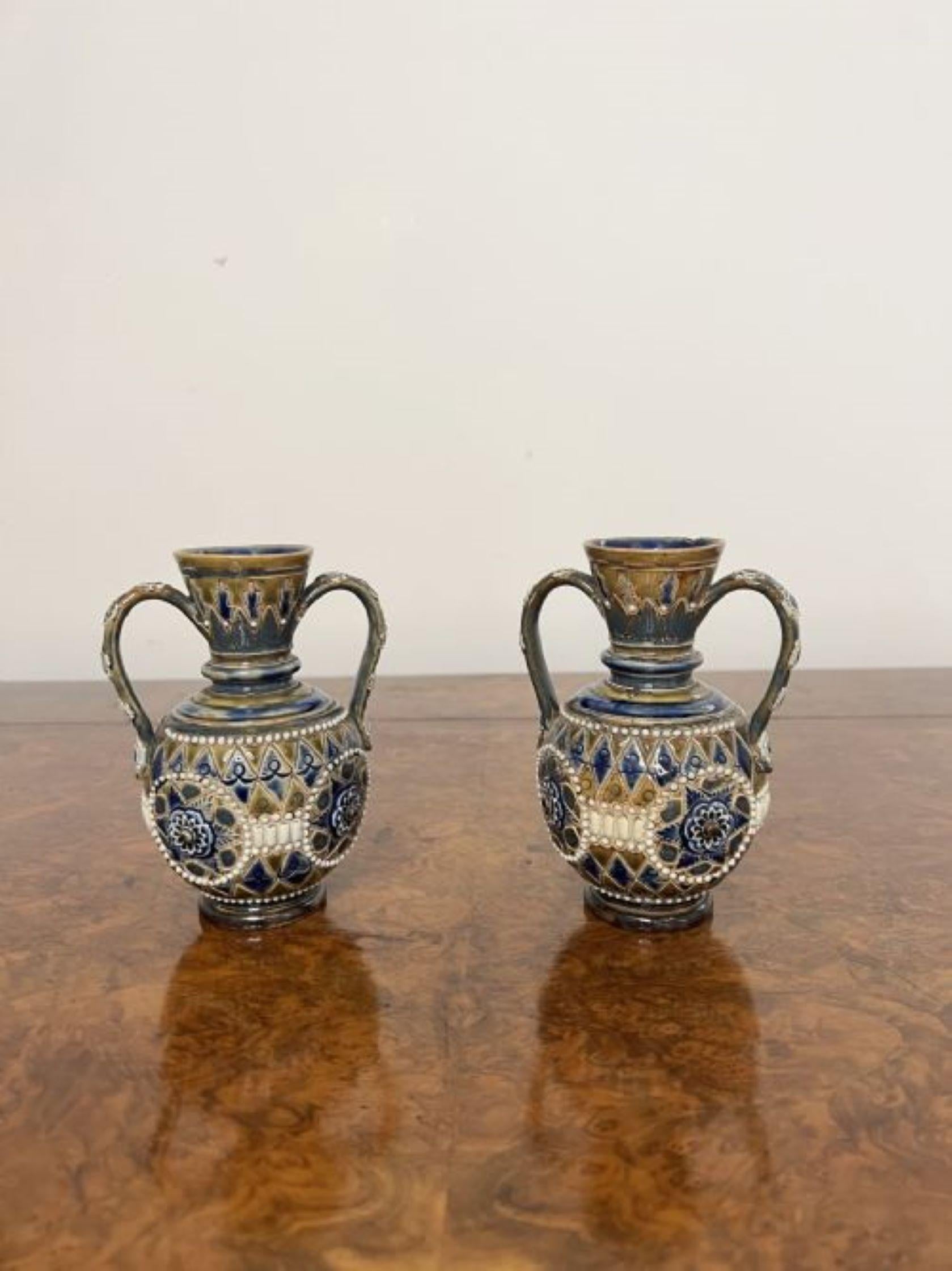 Fine quality pair of antique Victorian Doulton Lambeth small vases  For Sale 2