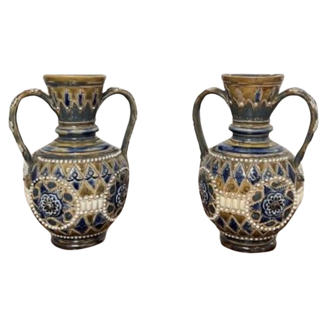 Fine quality pair of antique Victorian Doulton Lambeth small vases
