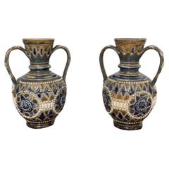 Fine quality pair of antique Victorian Doulton Lambeth small vases 