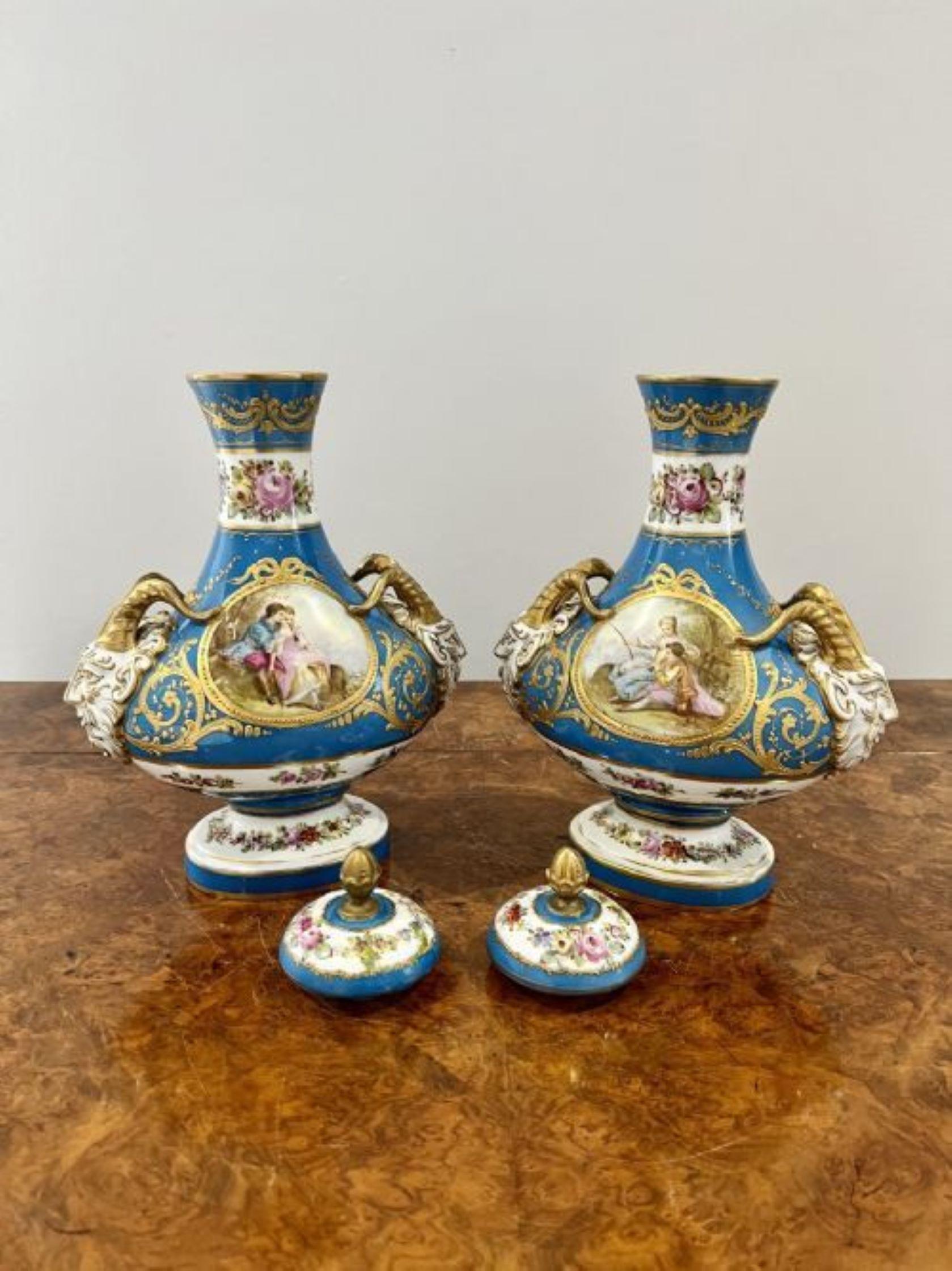 19th Century Fine quality pair of antique Victorian French severs lidded vases For Sale