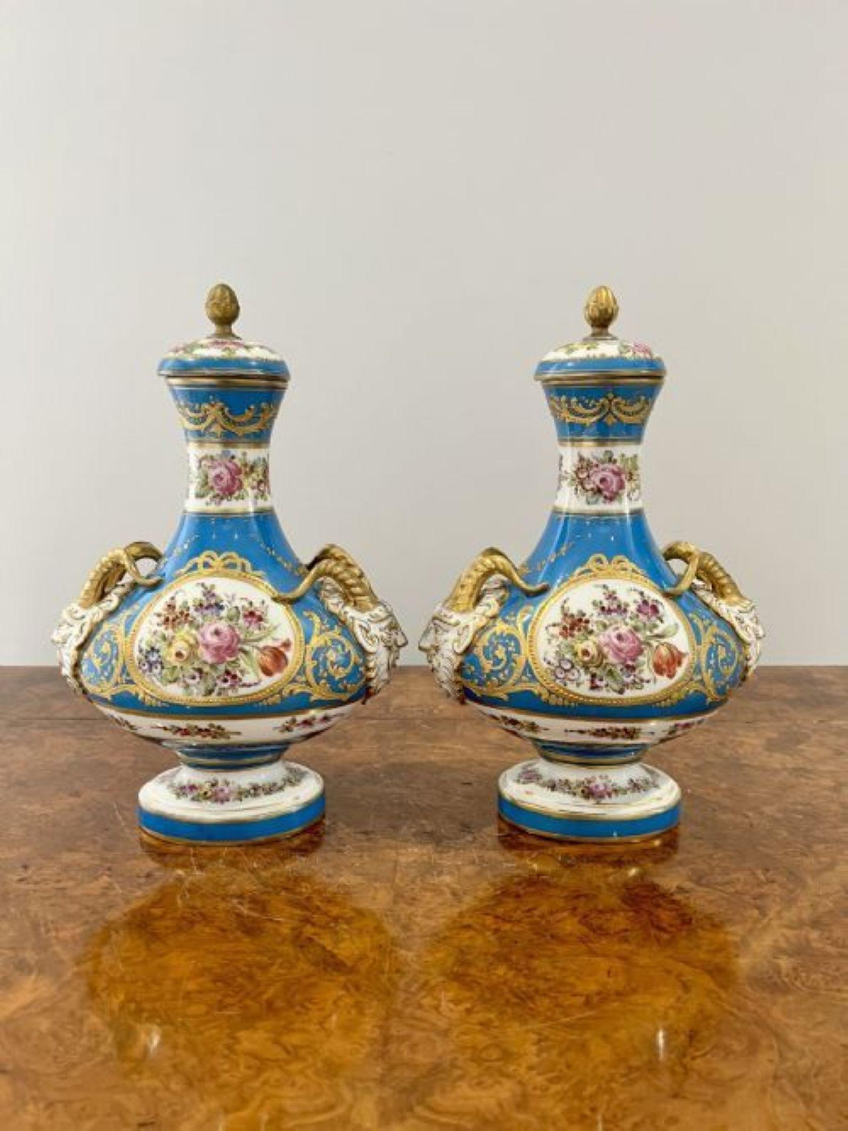 Ceramic Fine quality pair of antique Victorian French severs lidded vases For Sale