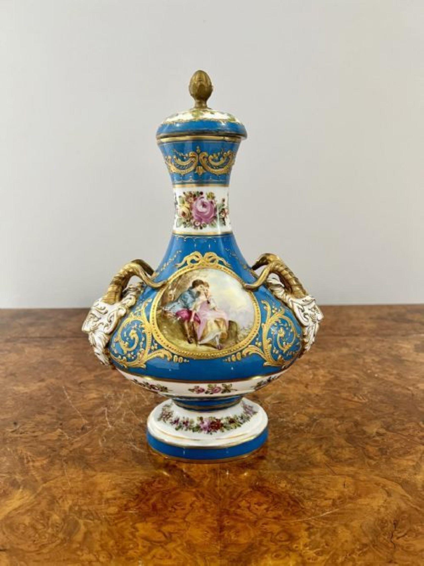 Fine quality pair of antique Victorian French severs lidded vases For Sale 1