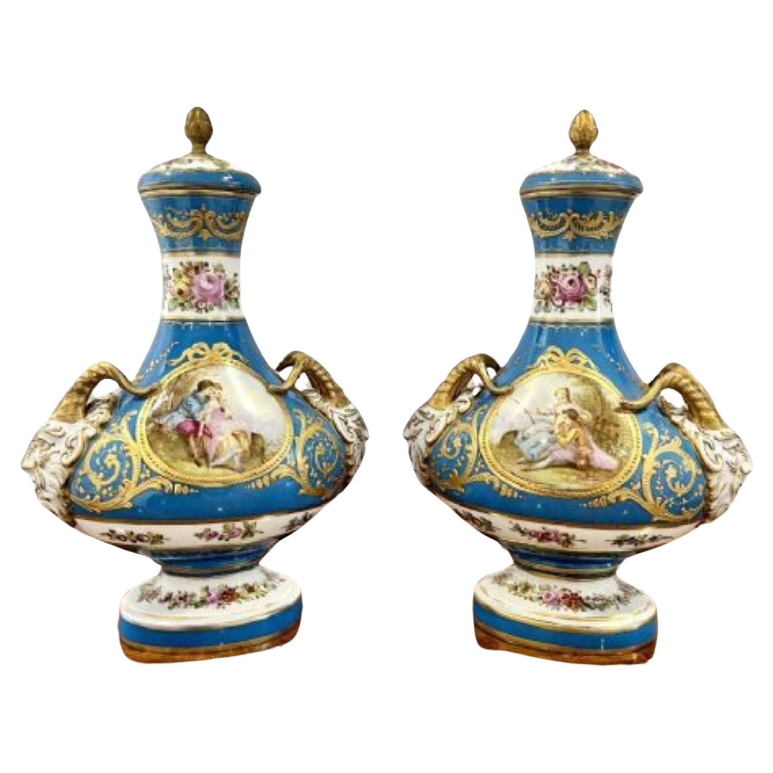 Fine quality pair of antique Victorian French severs lidded vases For Sale
