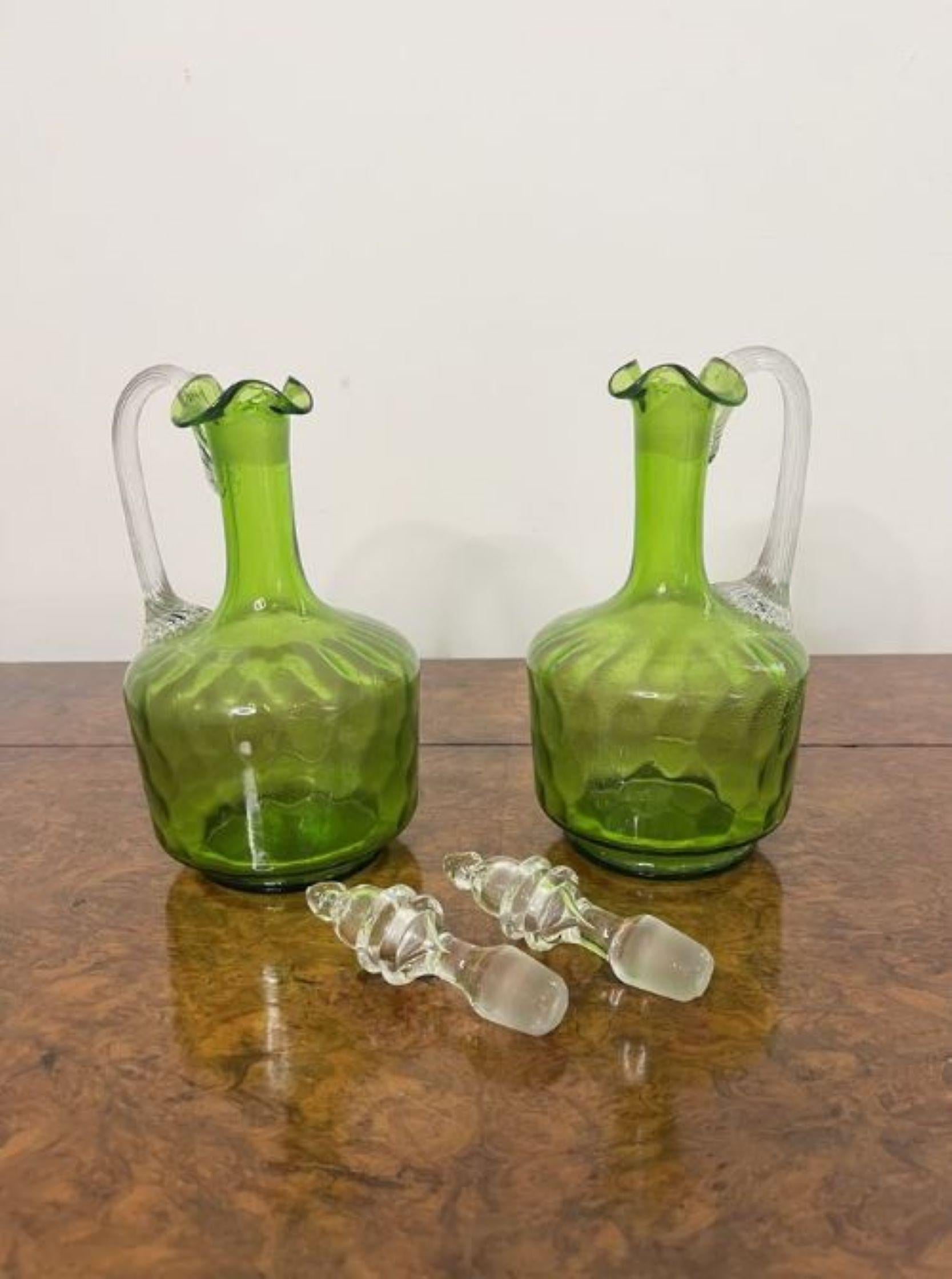 19th Century Fine quality pair of antique Victorian green glass decanters 
