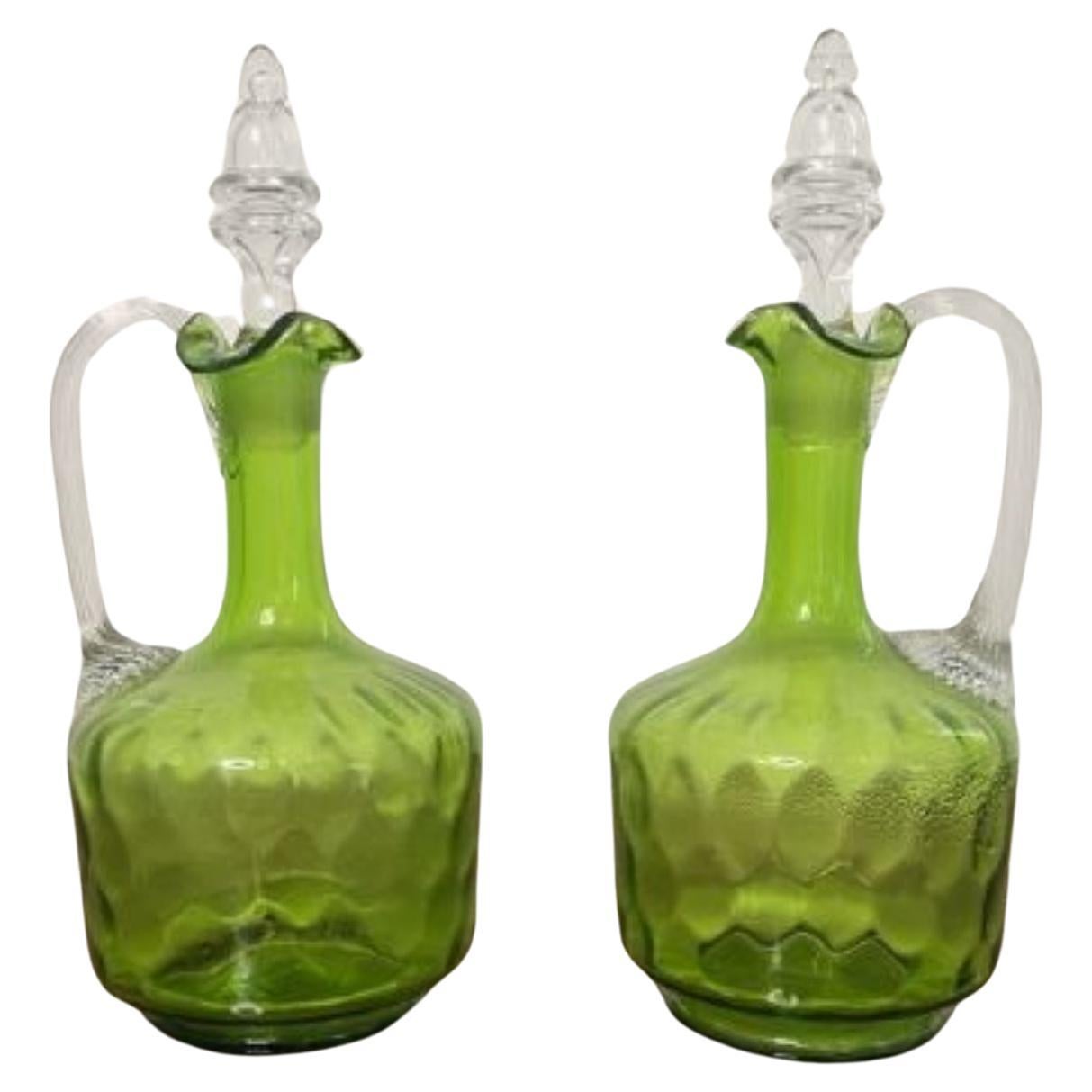 Fine quality pair of antique Victorian green glass decanters 
