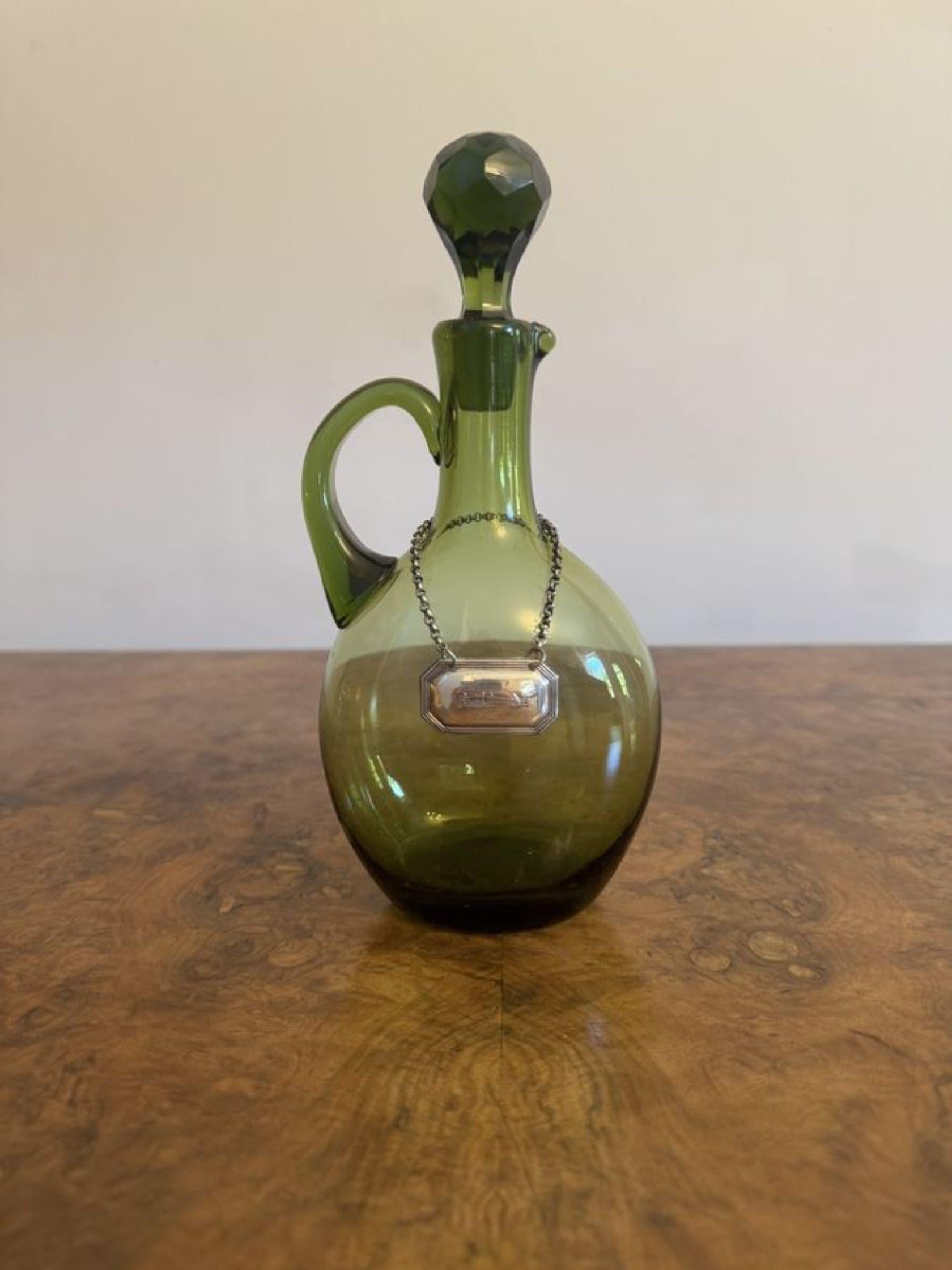 Glass Fine quality pair of antique Victorian green glass spirit decanters For Sale