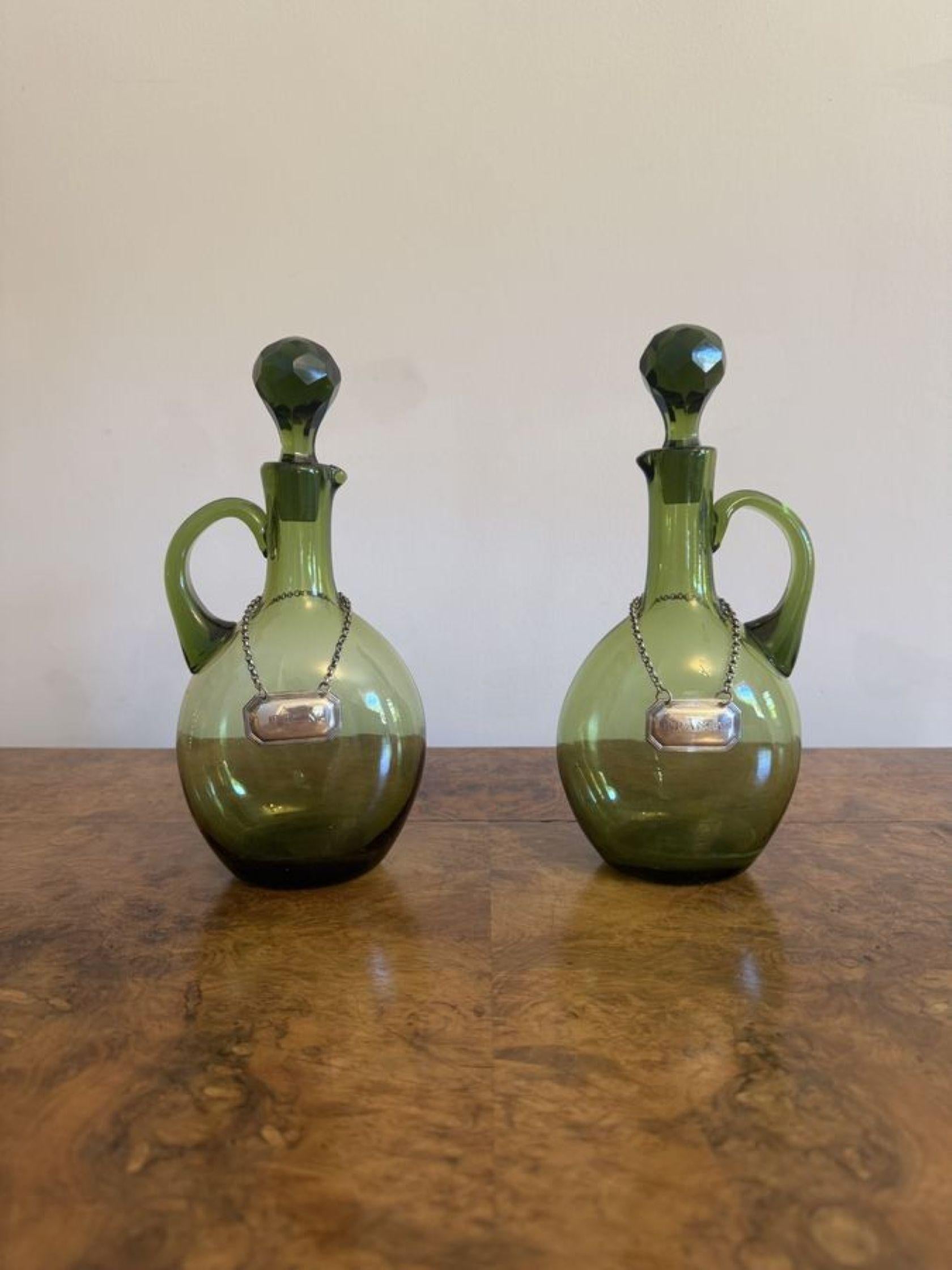 Fine quality pair of antique Victorian green glass spirit decanters For Sale 1
