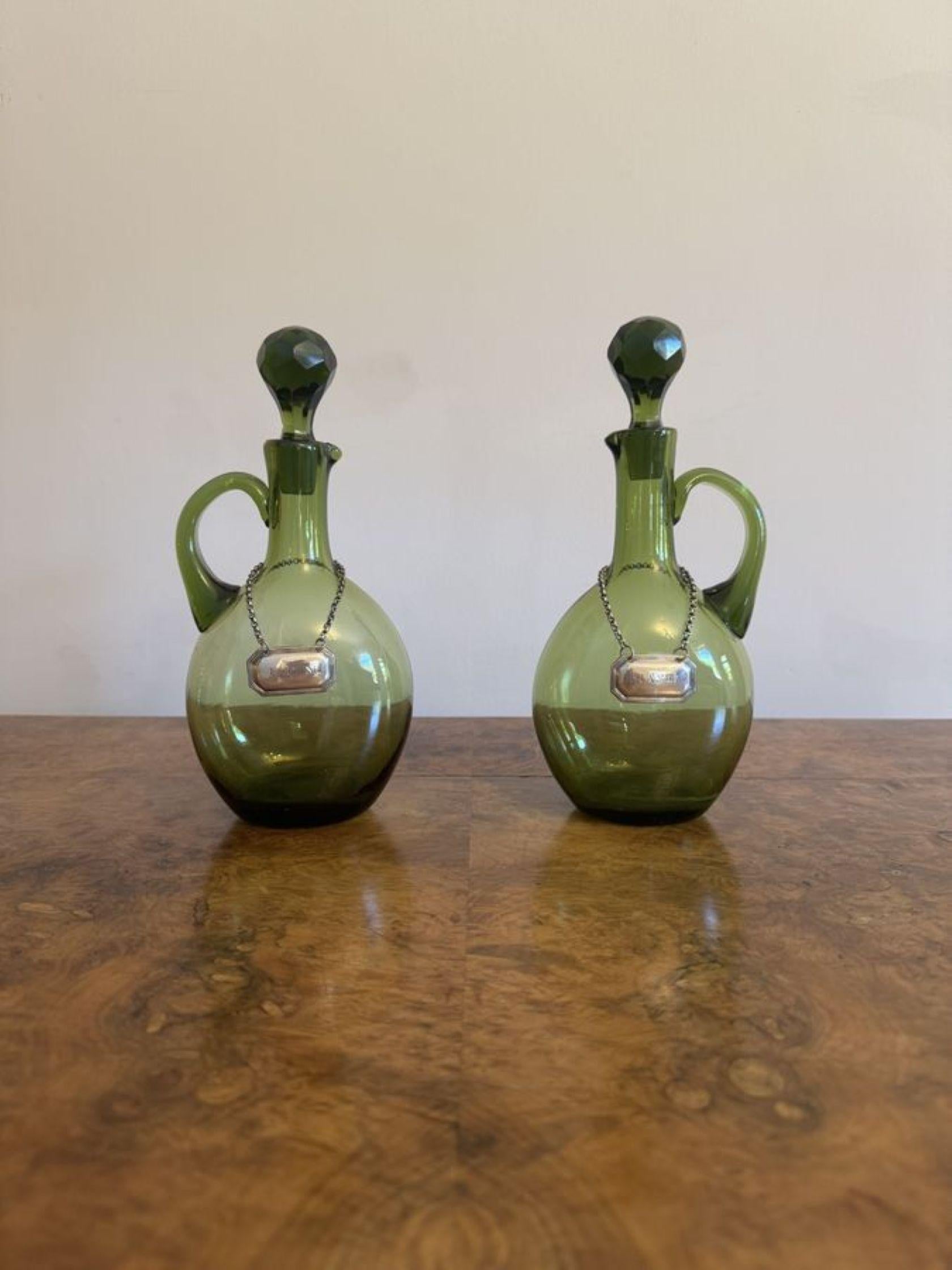 Fine quality pair of antique Victorian green glass spirit decanters For Sale 2