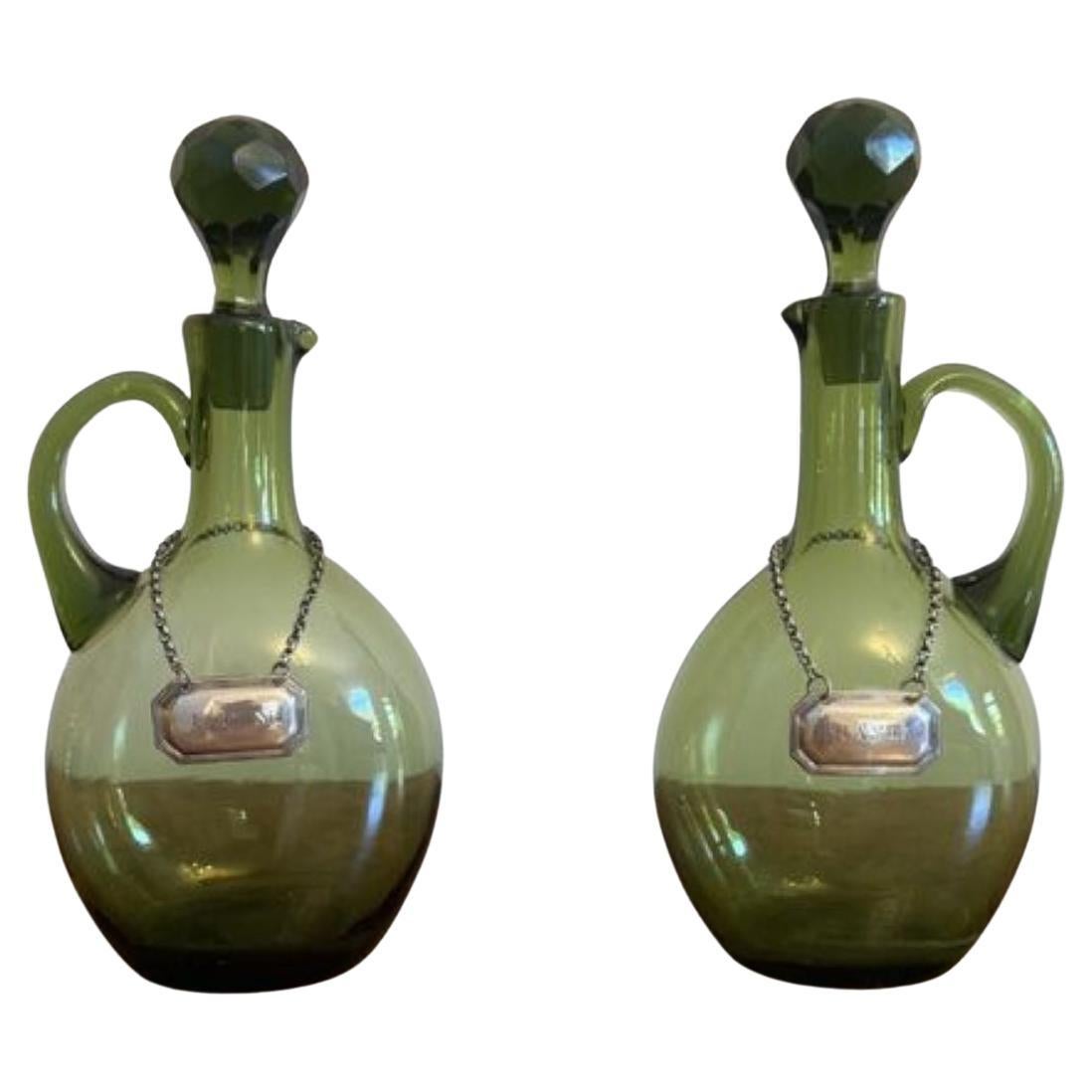Fine quality pair of antique Victorian green glass spirit decanters For Sale