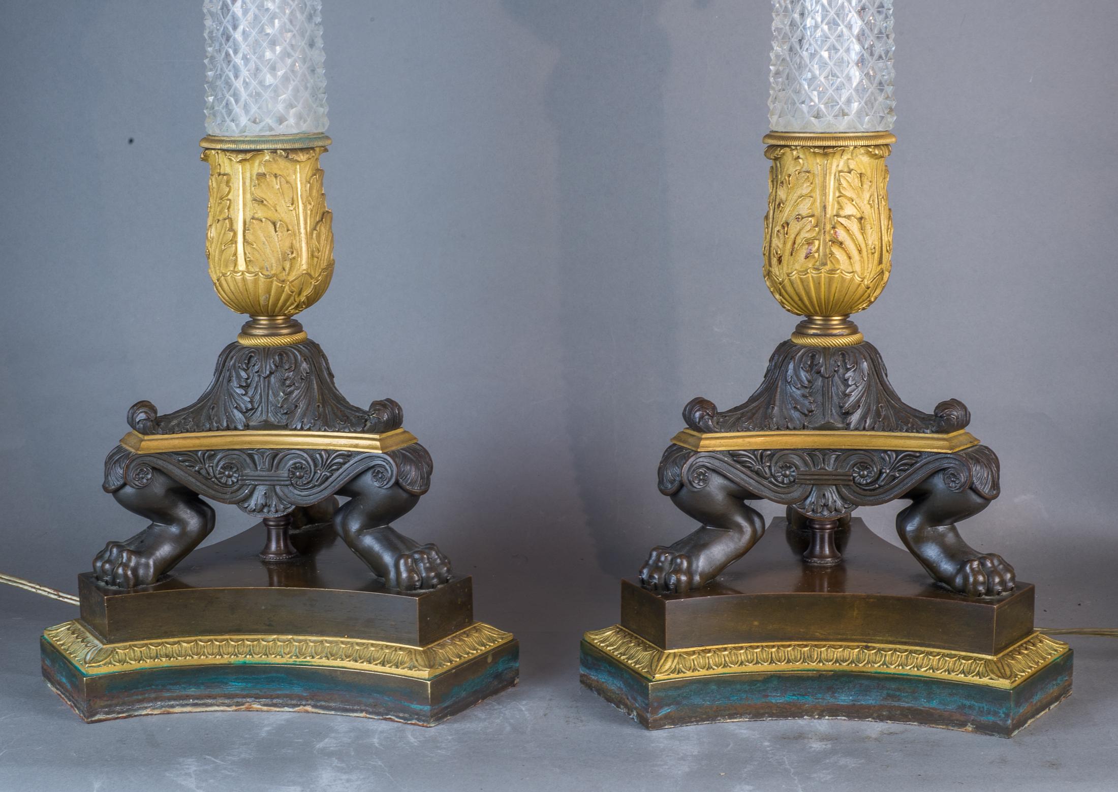 French Fine Quality Pair of Early Empire Ormolu Mounted Cut Crystal Lamps For Sale