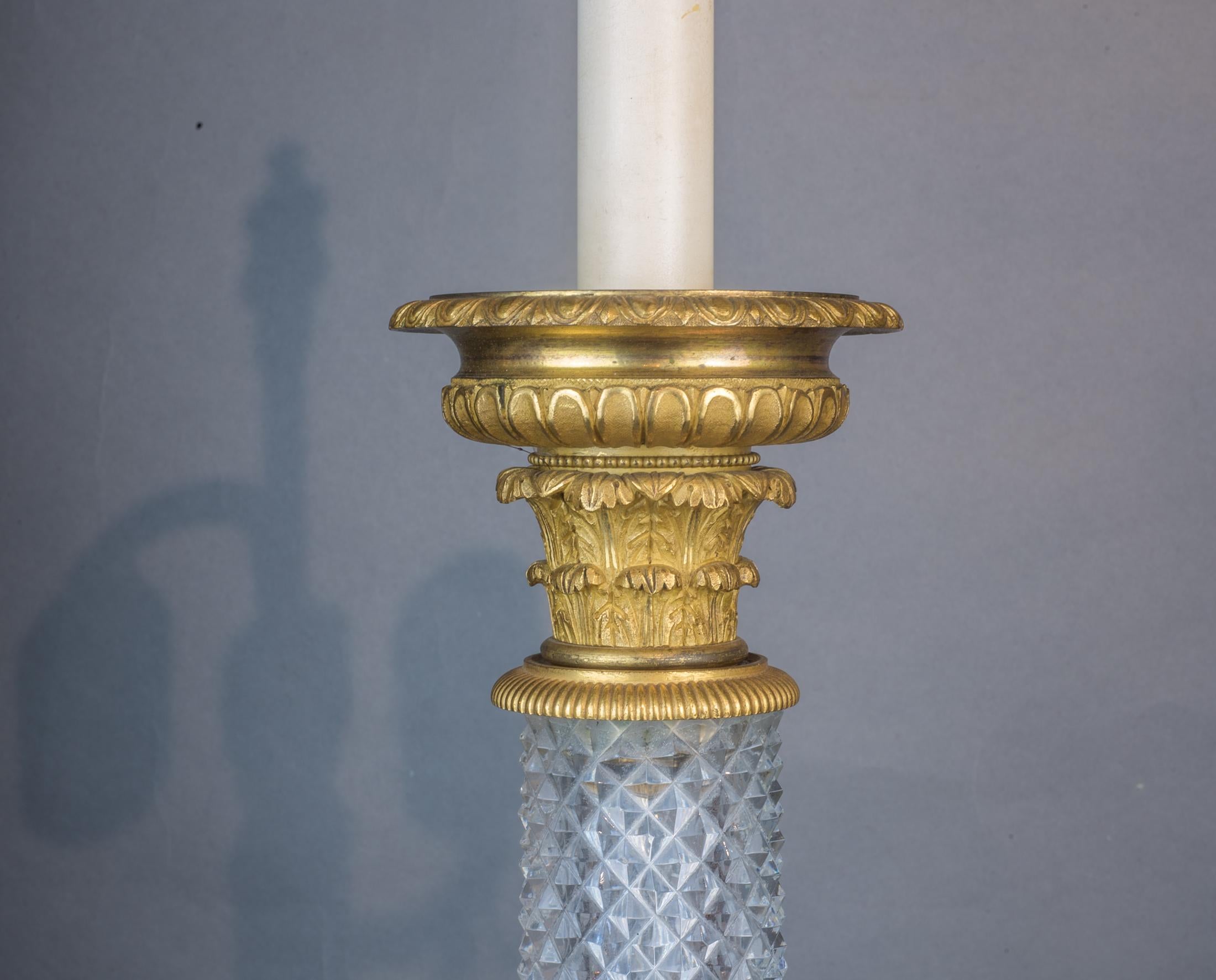 Fine Quality Pair of Early Empire Ormolu Mounted Cut Crystal Lamps In Good Condition For Sale In New York, NY