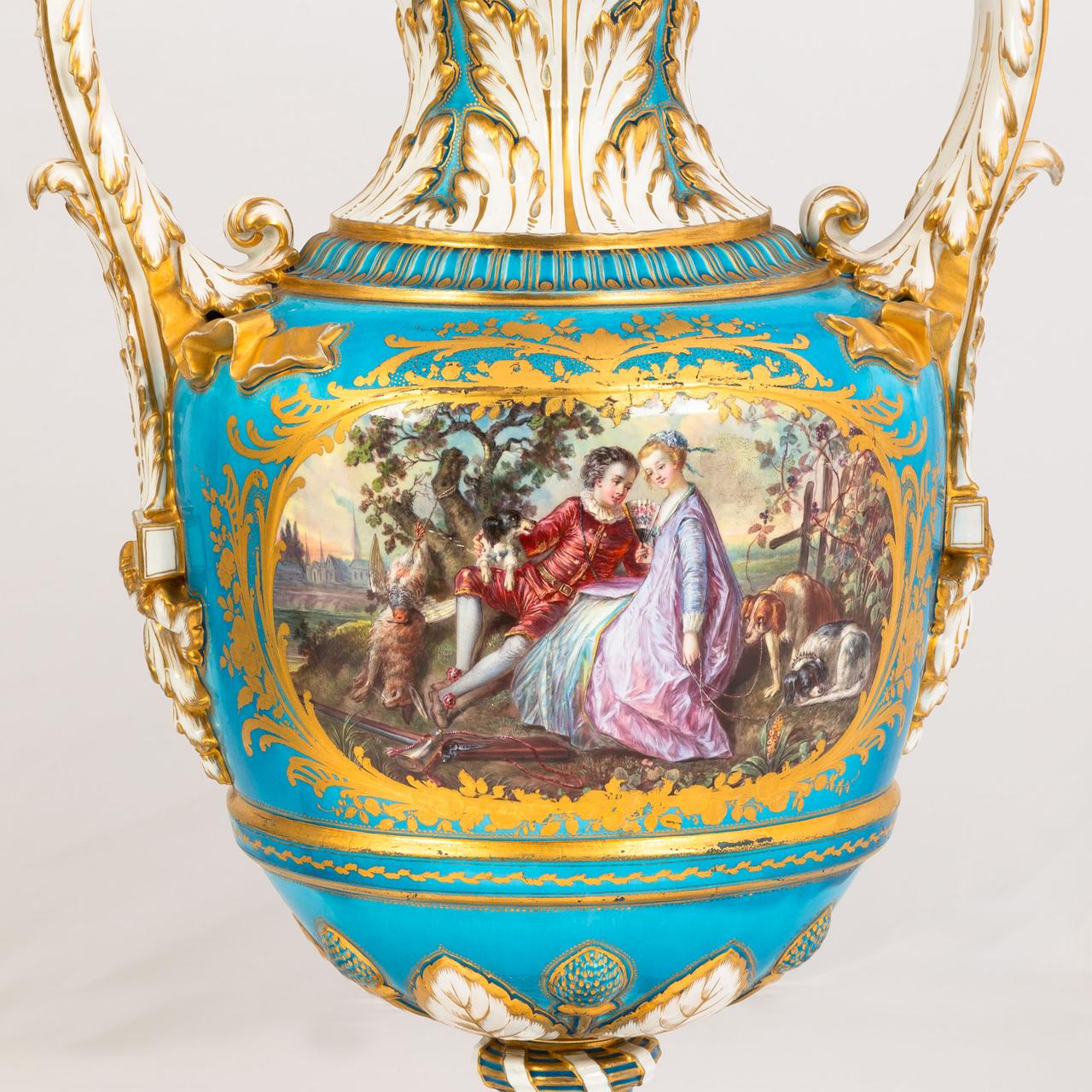 French Fine Quality Pair of Elegant Gilt Bronze Mounted Sèvres Porcelain Urns For Sale