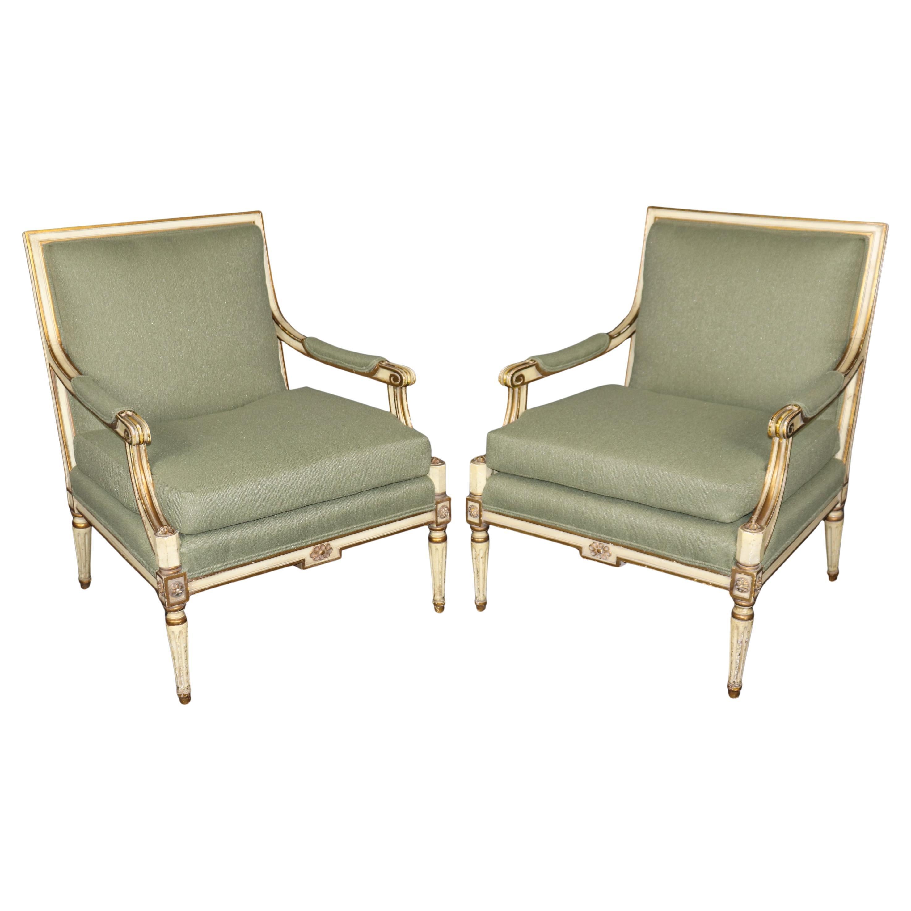 Fine Quality Pair of French Creme Painted Gilt Louis XVI Directoire Armchairs