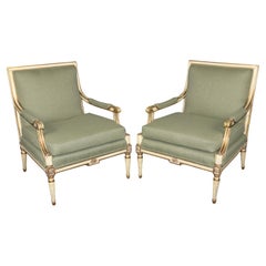 Fine Quality Pair of French Creme Painted Gilt Louis XVI Directoire Armchairs