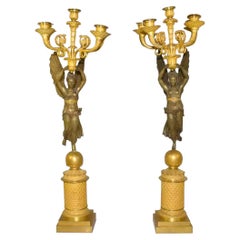 Fine Quality Pair of Gilt Bronze Empire Five-Light Figural Candelabras