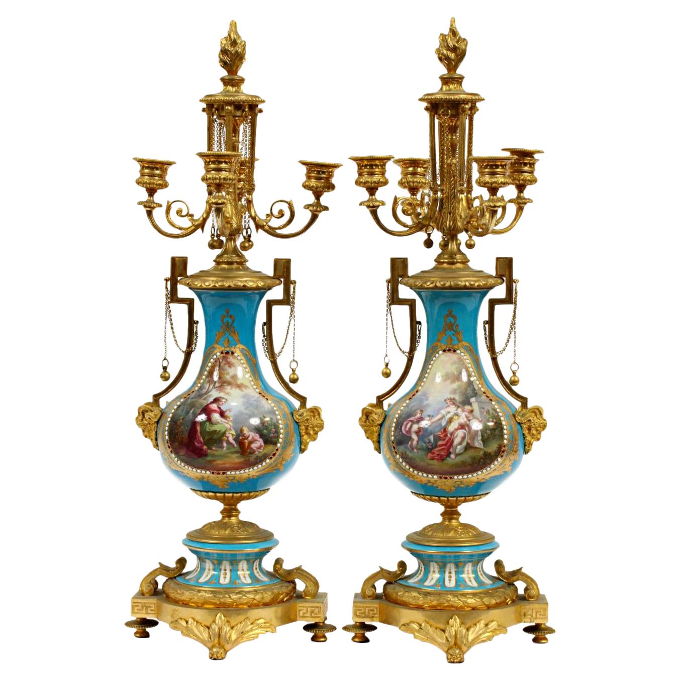 Fine Quality Pair of Gilt Bronze Mounted Jeweled Porcelain Four-Light Candelab For Sale