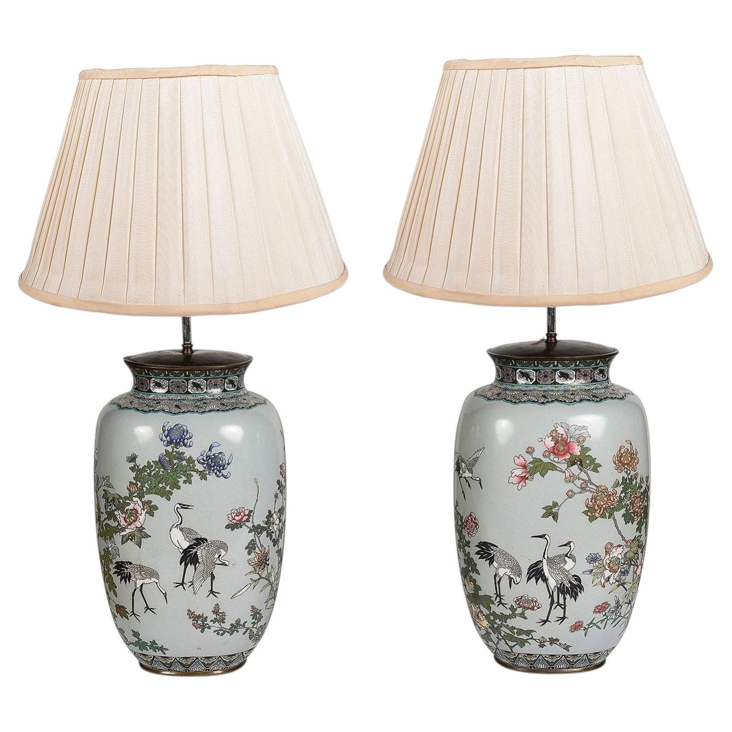 Fine quality pair of Japanese Cloisonné enamel vases / lamps, 1890.