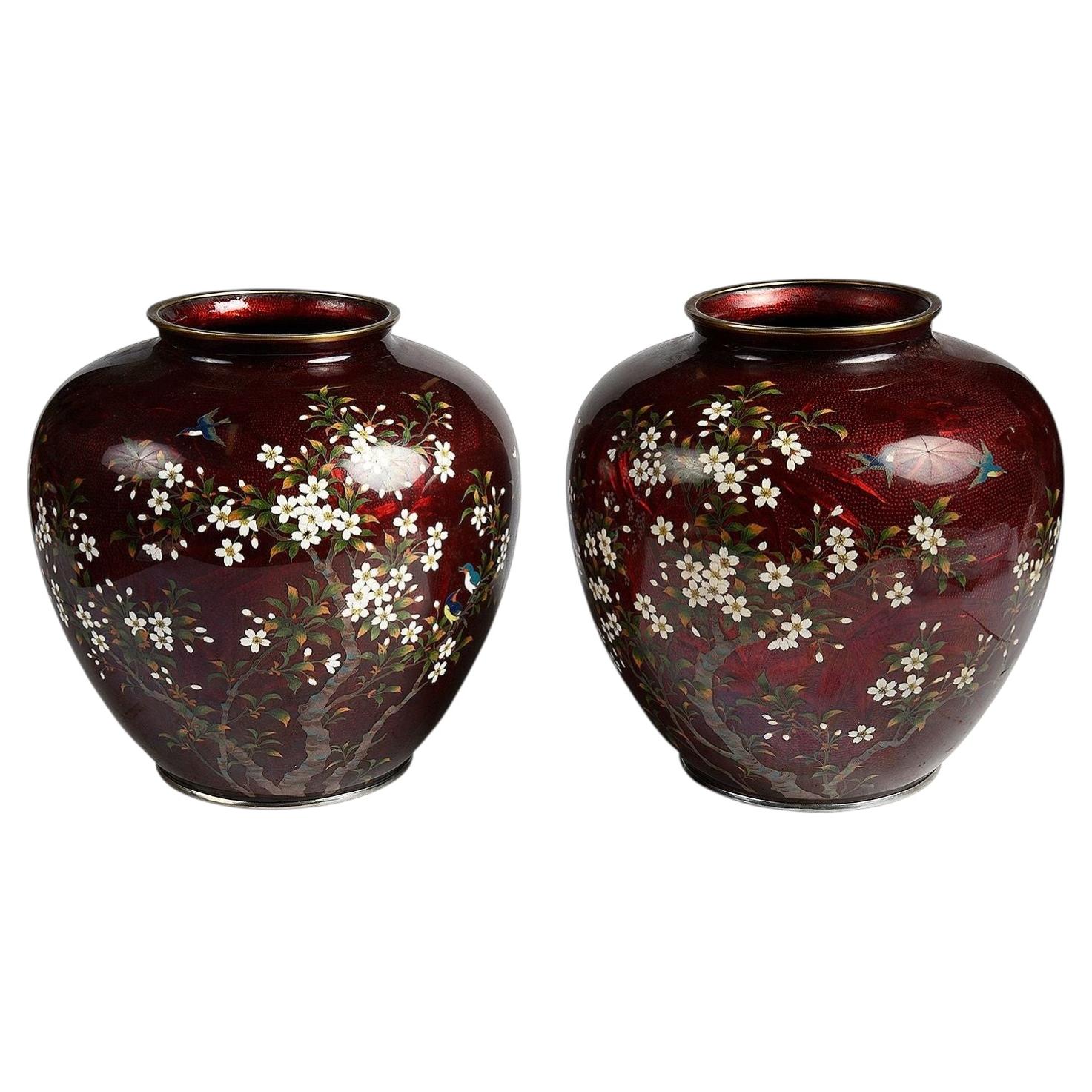 Fine quality pair of Japanese Cloisonné vases, Meiji period.