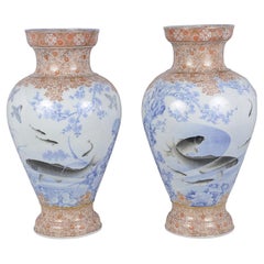 Antique Fine Quality Pair of Japanese Fukagawa Imari Vases