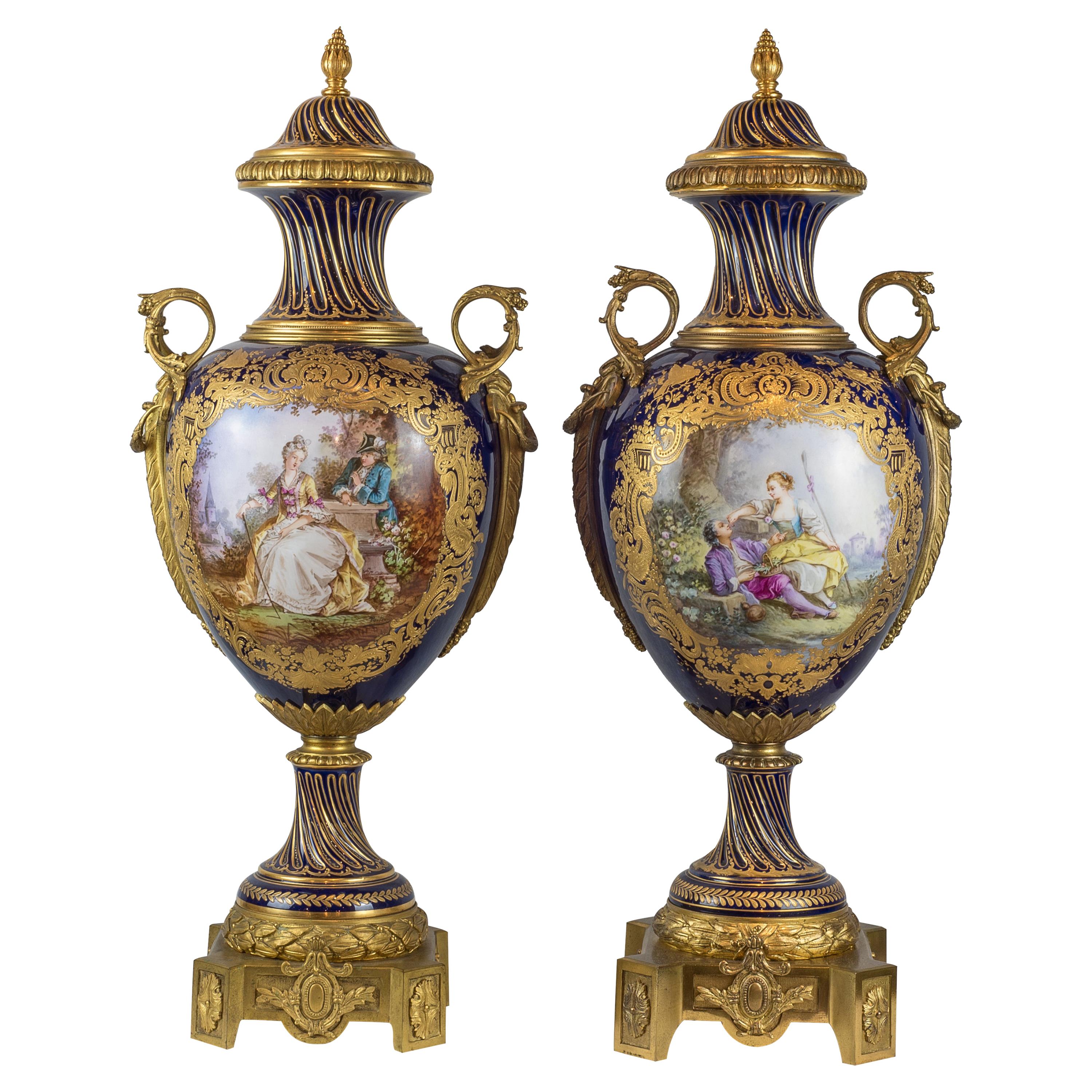 Fine Quality Pair of Large Gilt Bronze Mounted Sèvres Style Porcelain Vases For Sale