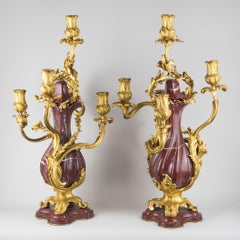 Fine Quality Pair of Louis XV Style Gilt Bronze and Rouge Marble Candelabras