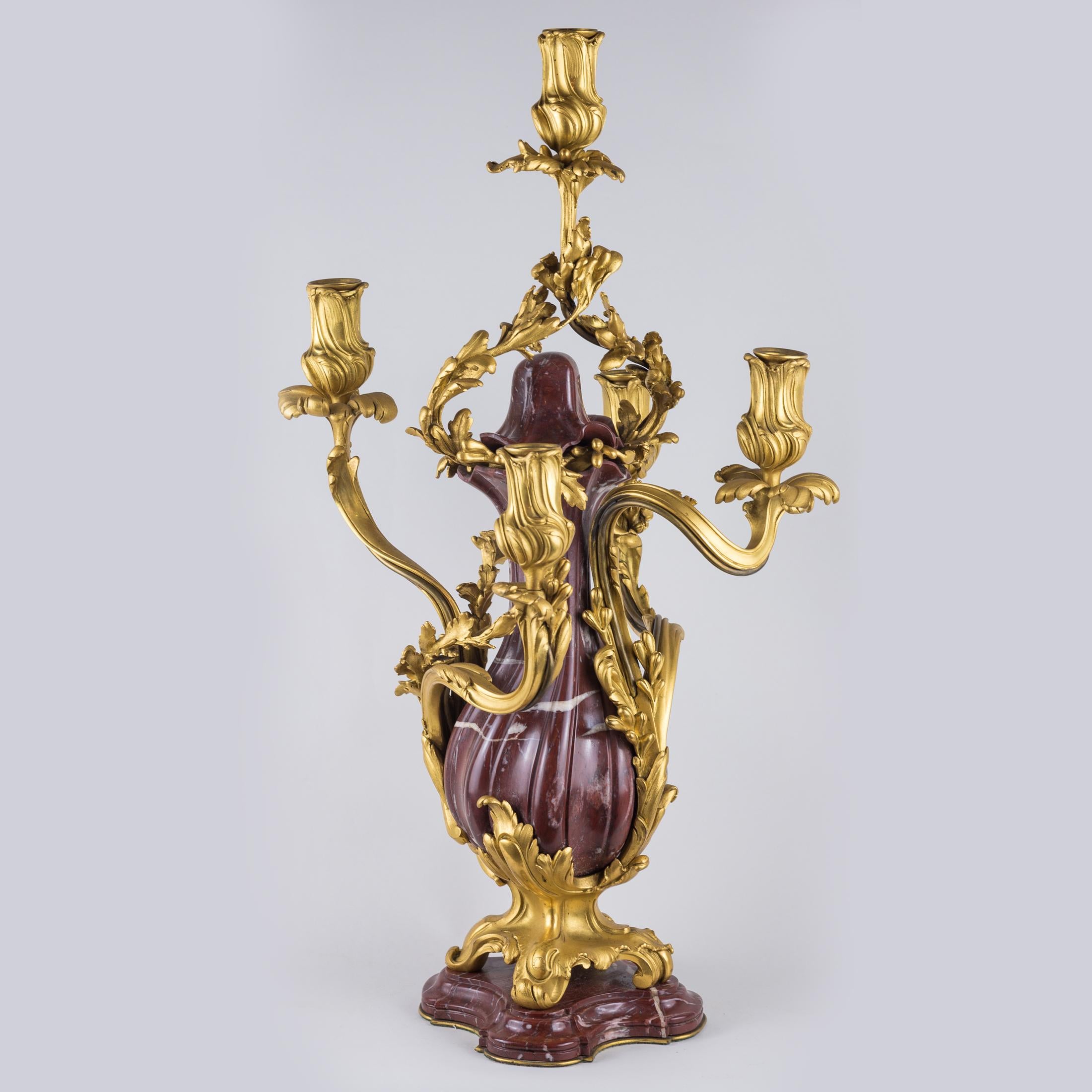 French Fine Quality Pair of Louis XV Style Gilt Bronze and Rouge Marble Candelabras For Sale