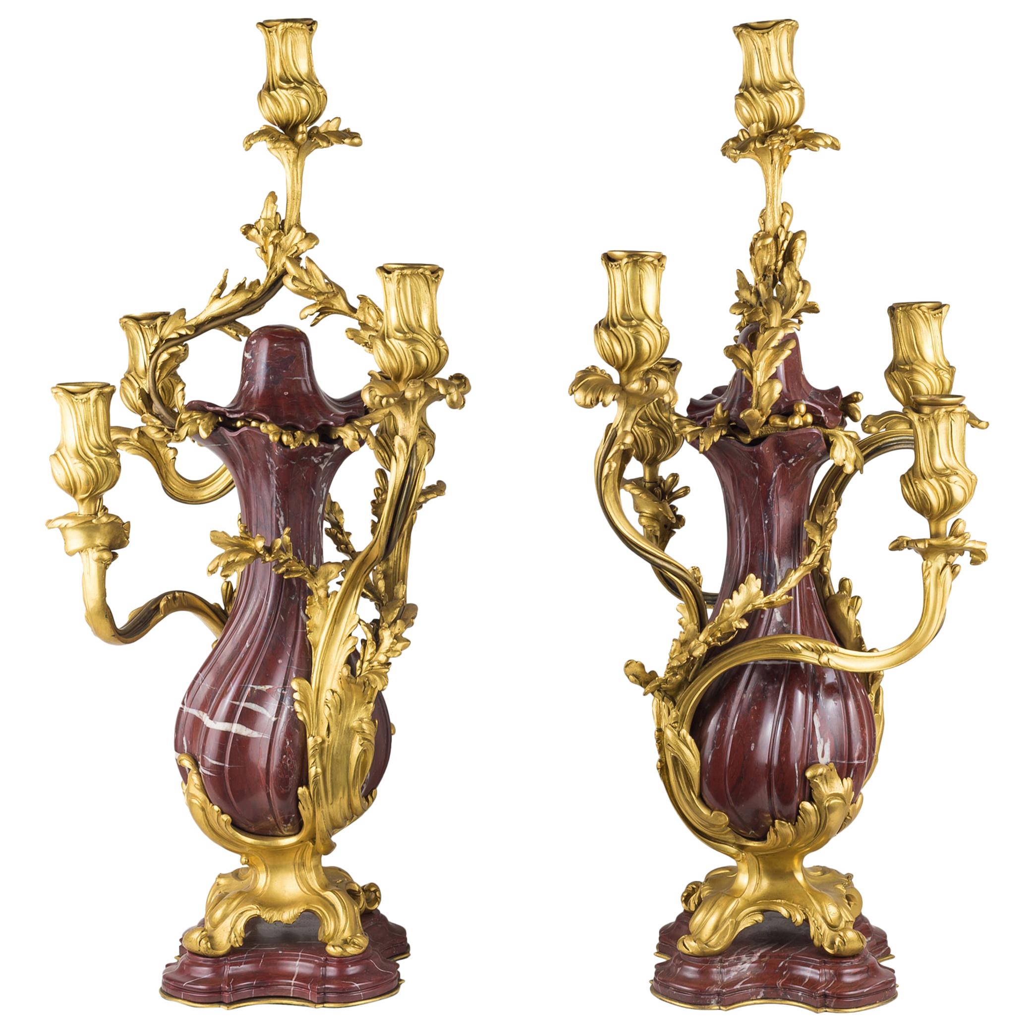 Fine Quality Pair of Louis XV Style Gilt Bronze and Rouge Marble Candelabras For Sale