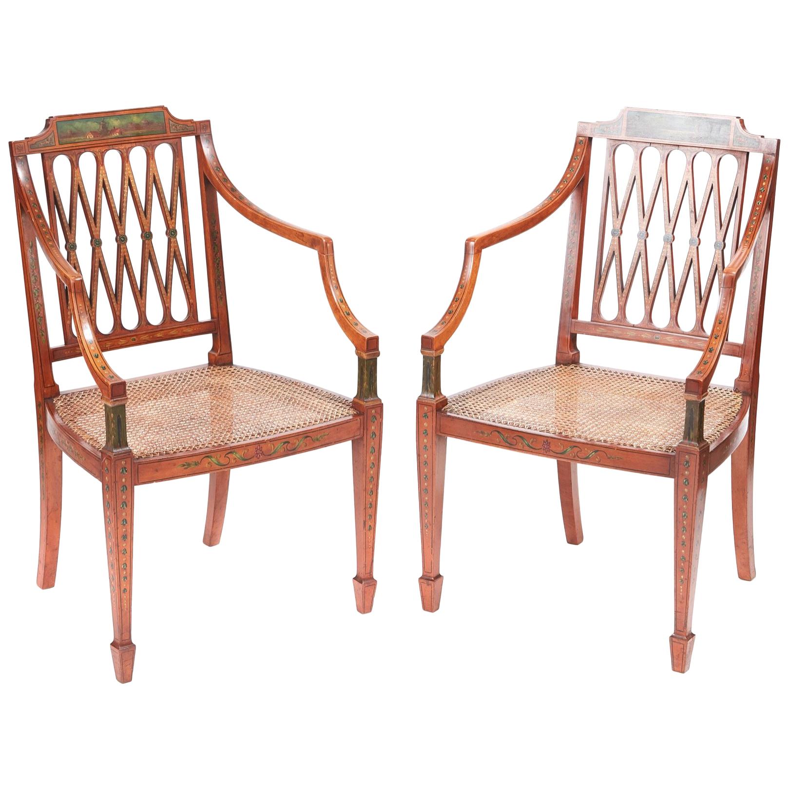 Fine Quality Pair of Original Painted Satinwood Armchairs
