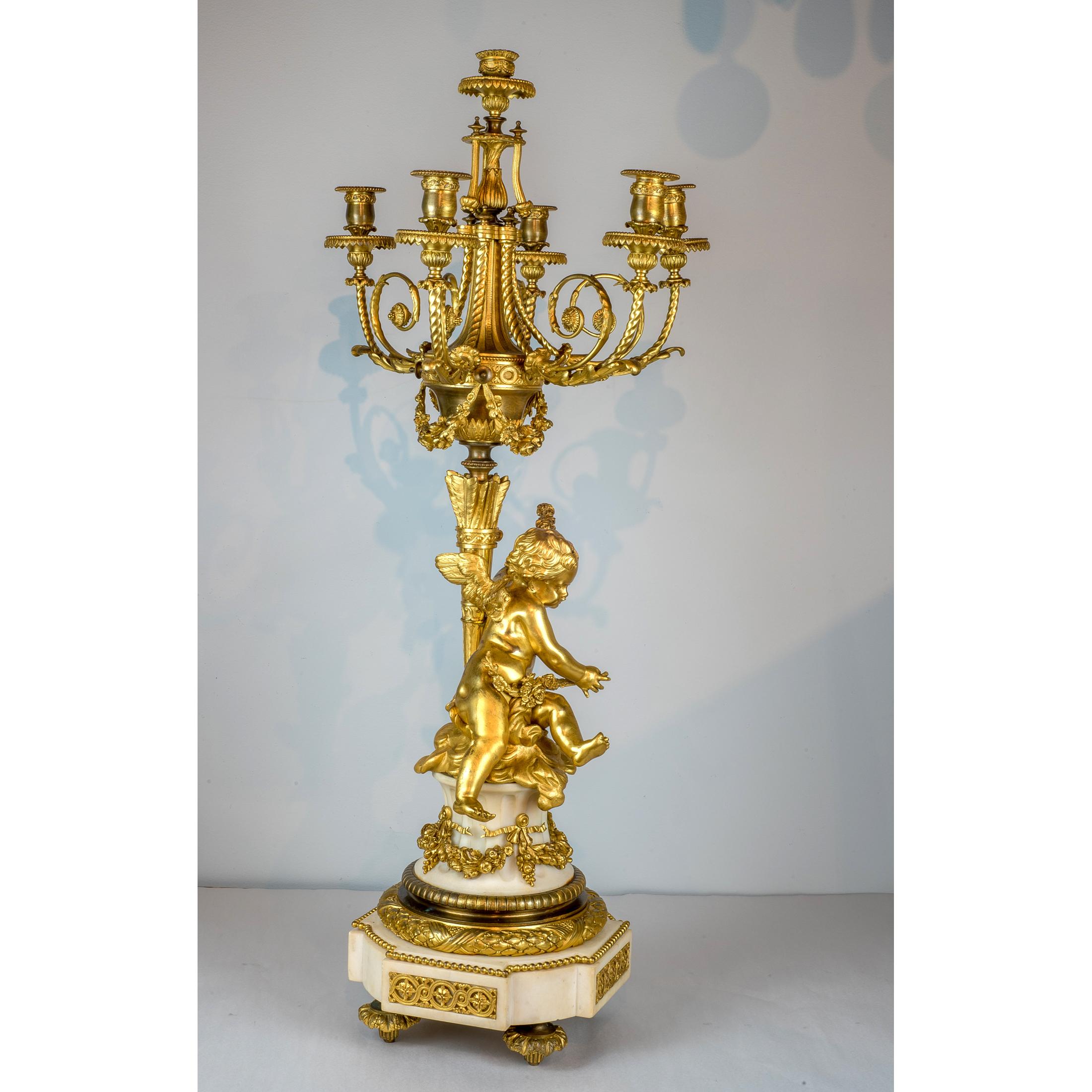 French Fine Quality Pair of Ormolu and White Marble Six-Light Candelabras