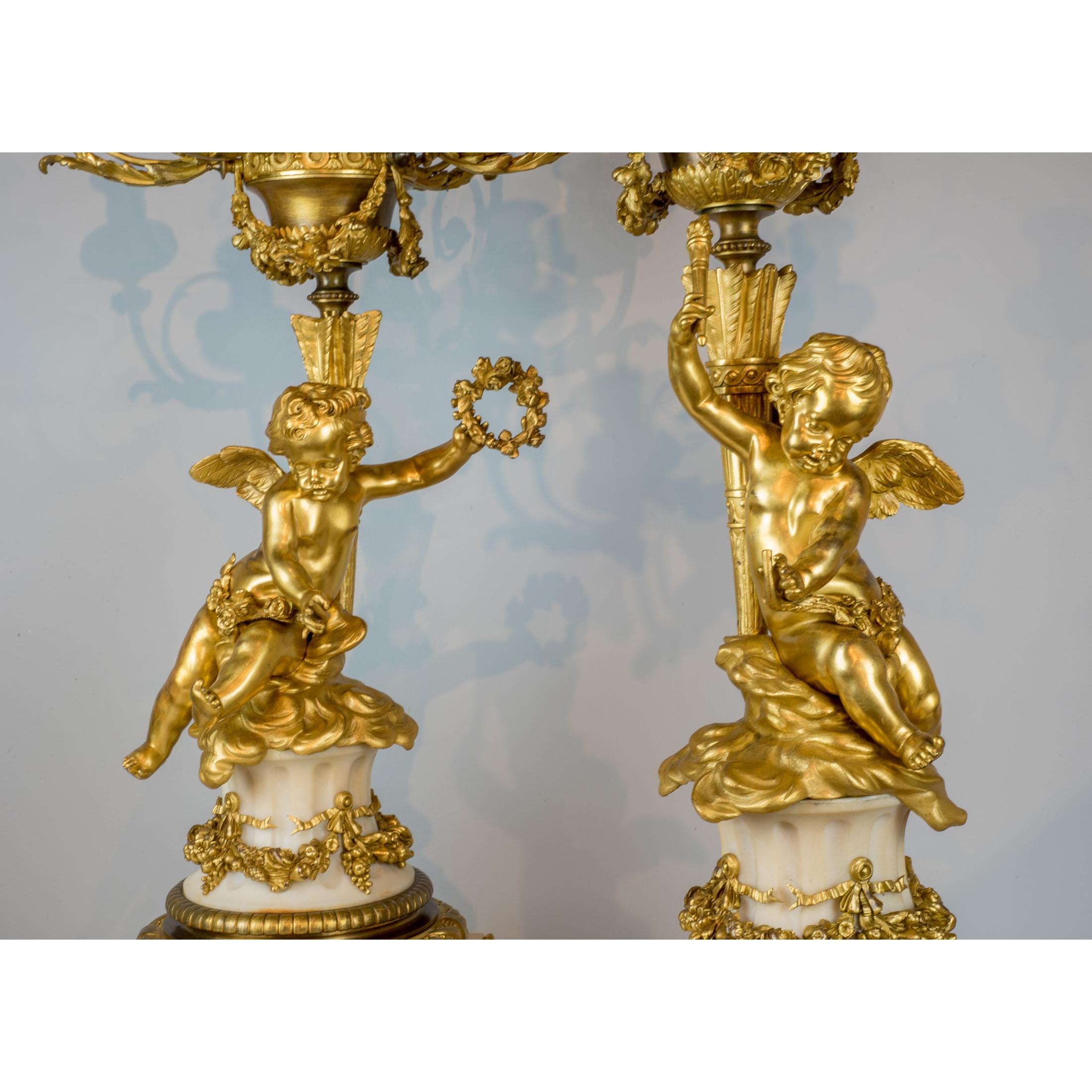 Gilt Fine Quality Pair of Ormolu and White Marble Six-Light Candelabras