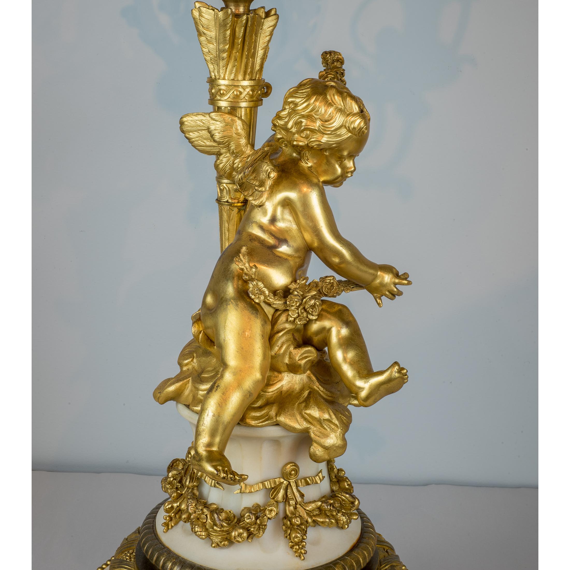 Fine Quality Pair of Ormolu and White Marble Six-Light Candelabras In Good Condition In New York, NY