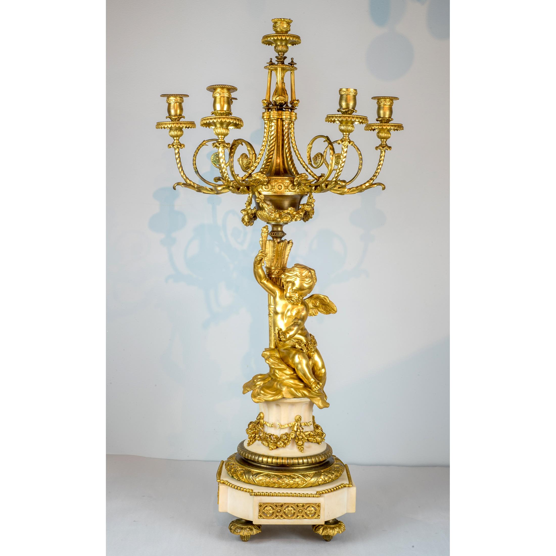 Fine Quality Pair of Ormolu and White Marble Six-Light Candelabras 1