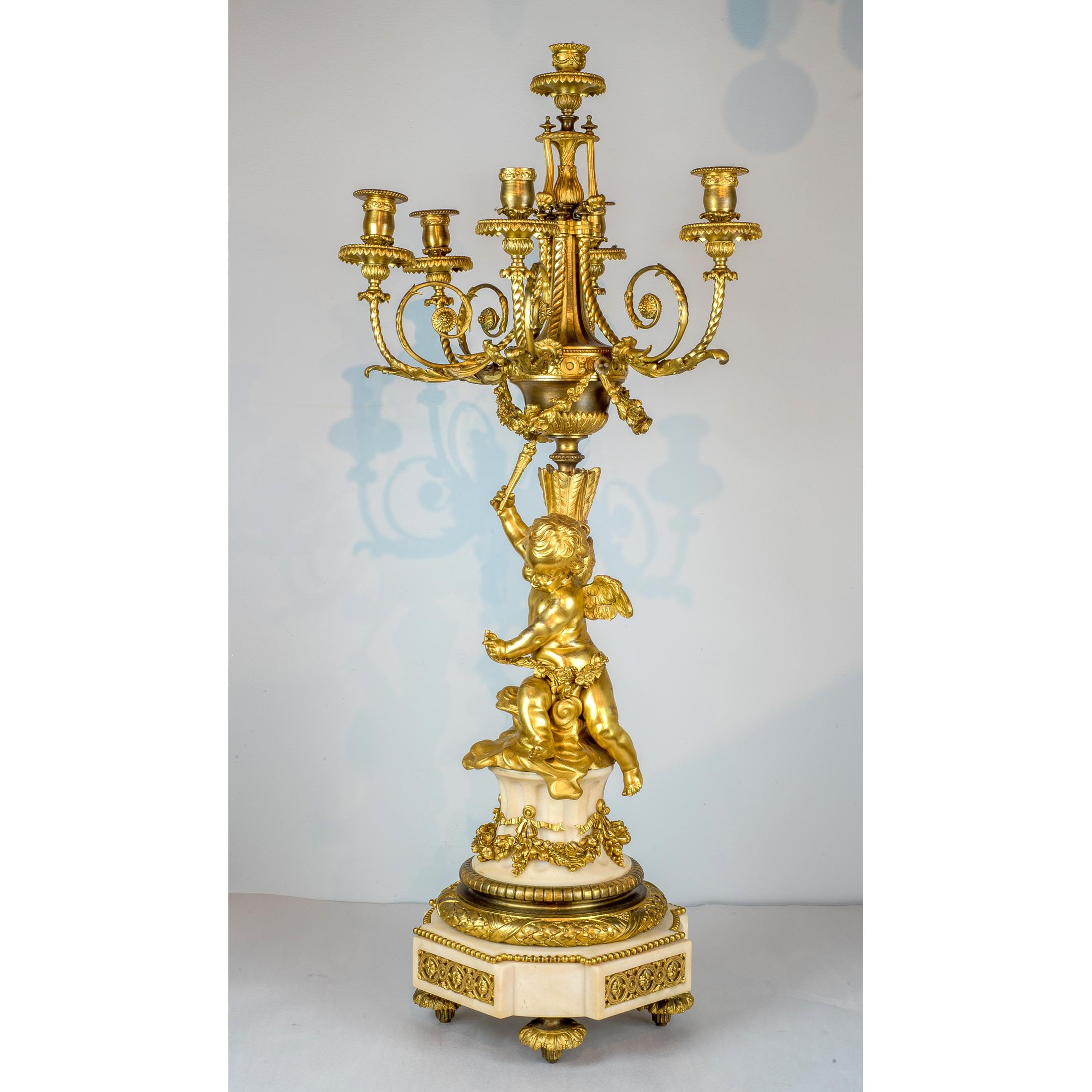 Fine Quality Pair of Ormolu and White Marble Six-Light Candelabras 2