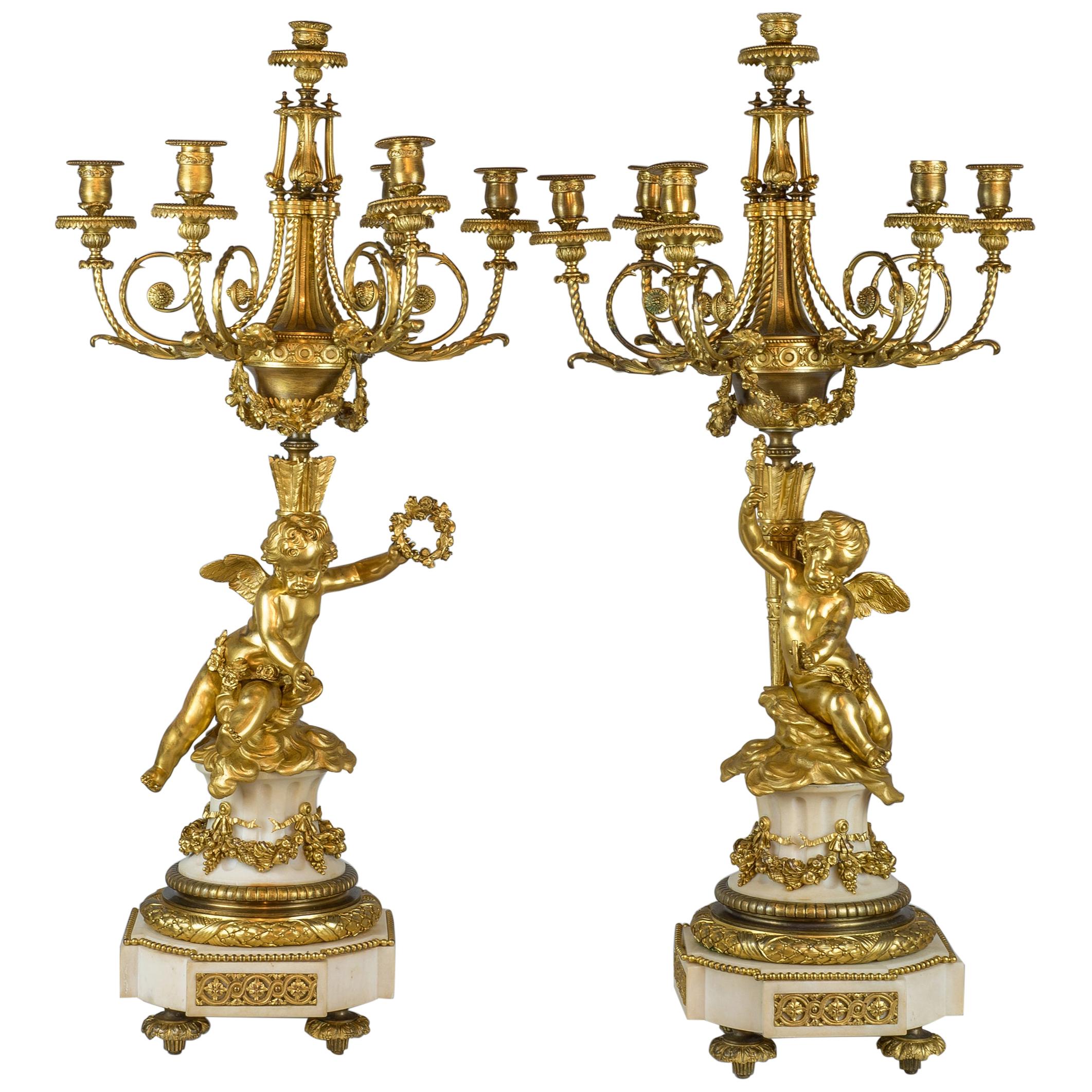 Fine Quality Pair of Ormolu and White Marble Six-Light Candelabras