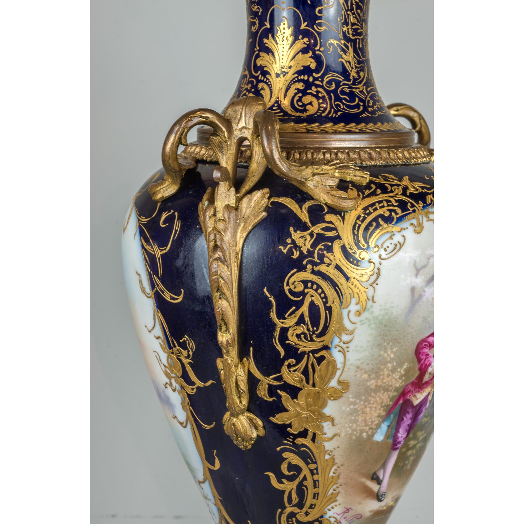 Fine Quality Pair of Ormolu Mounted Sèvres Porcelain Vase and Cover For Sale 5