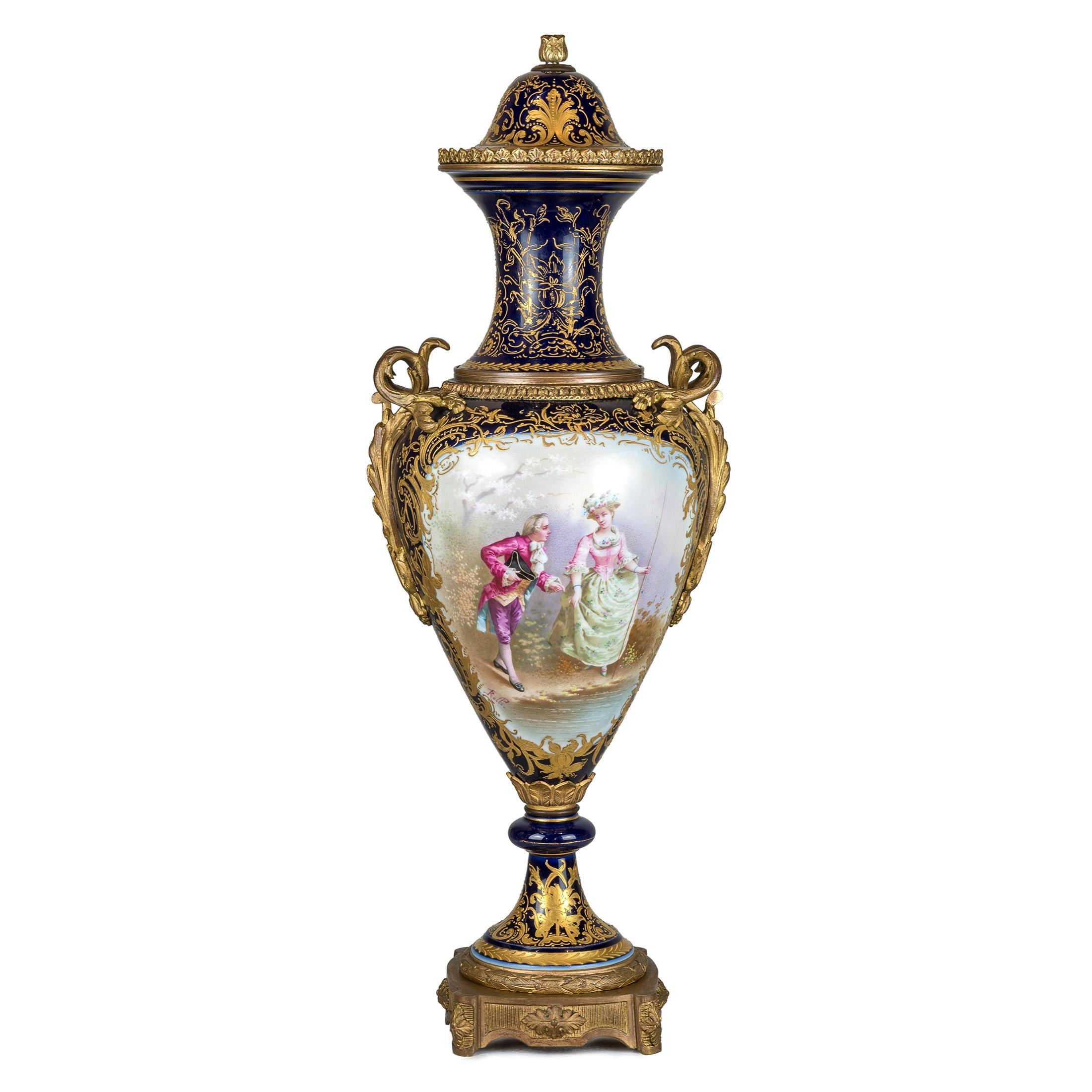 French Fine Quality Pair of Ormolu Mounted Sèvres Porcelain Vase and Cover For Sale