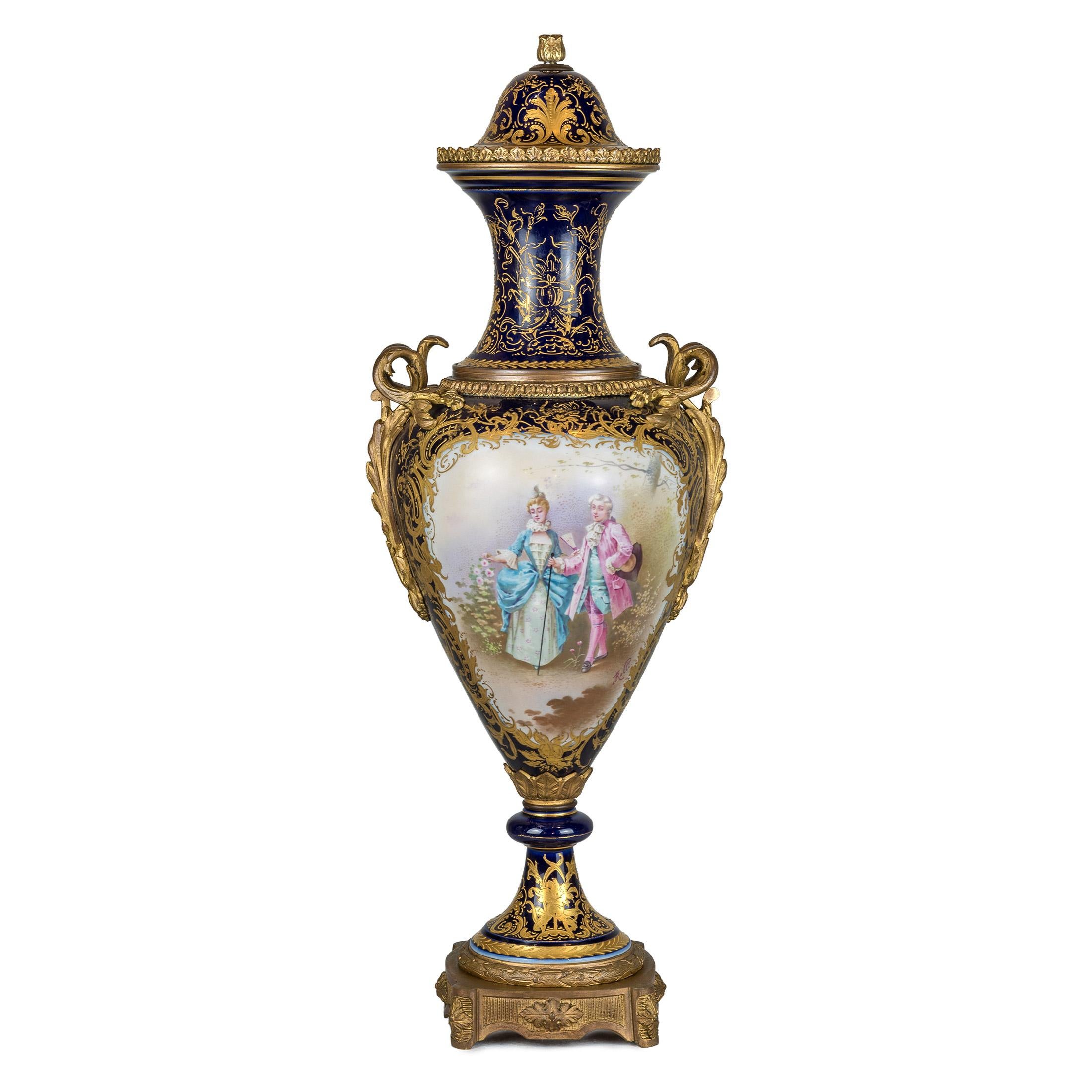 Gilt Fine Quality Pair of Ormolu Mounted Sèvres Porcelain Vase and Cover For Sale