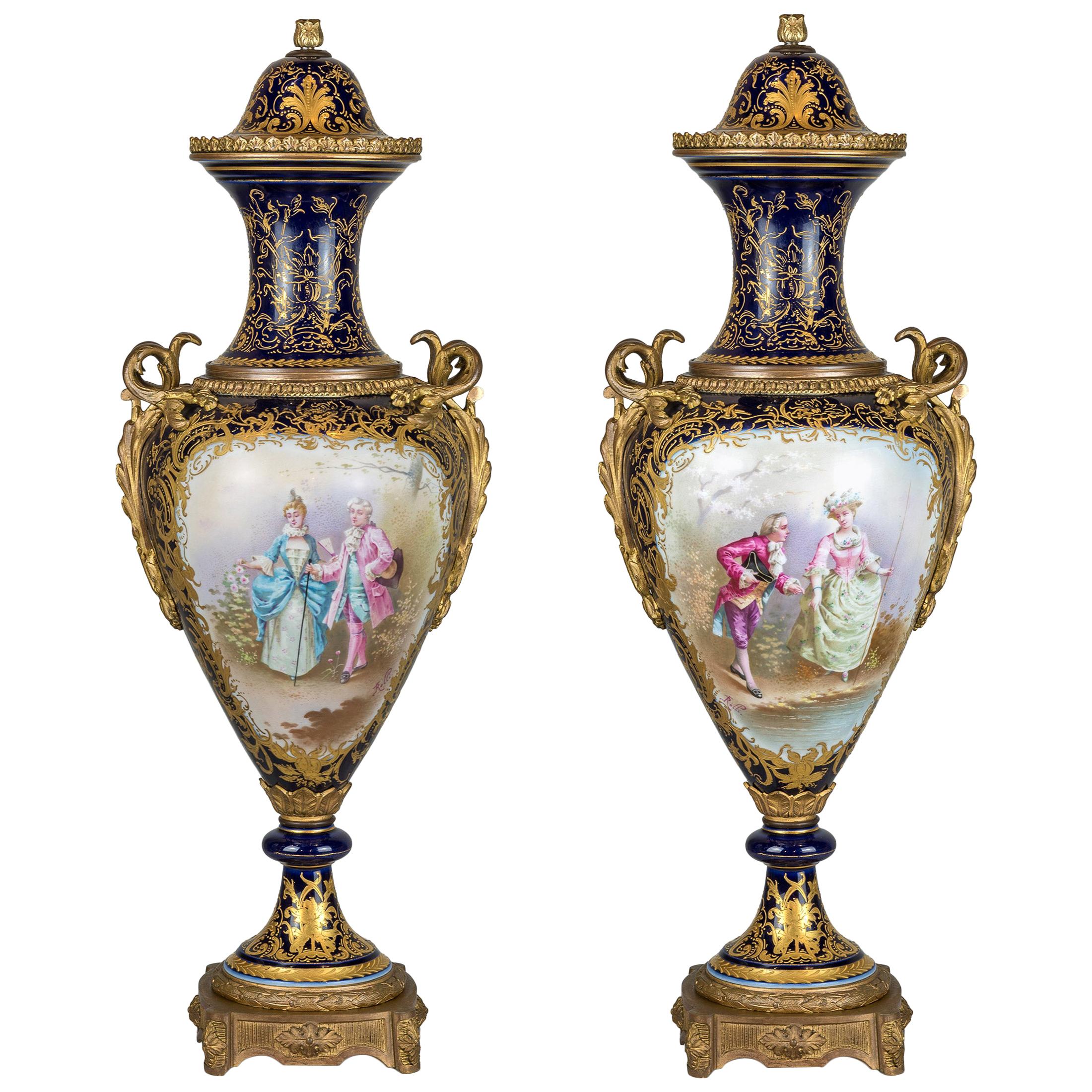Fine Quality Pair of Ormolu Mounted Sèvres Porcelain Vase and Cover