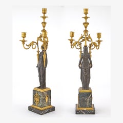 Fine Quality Pair of Patinated and Gilt-Bronze and Marble Three-Light Candelabra