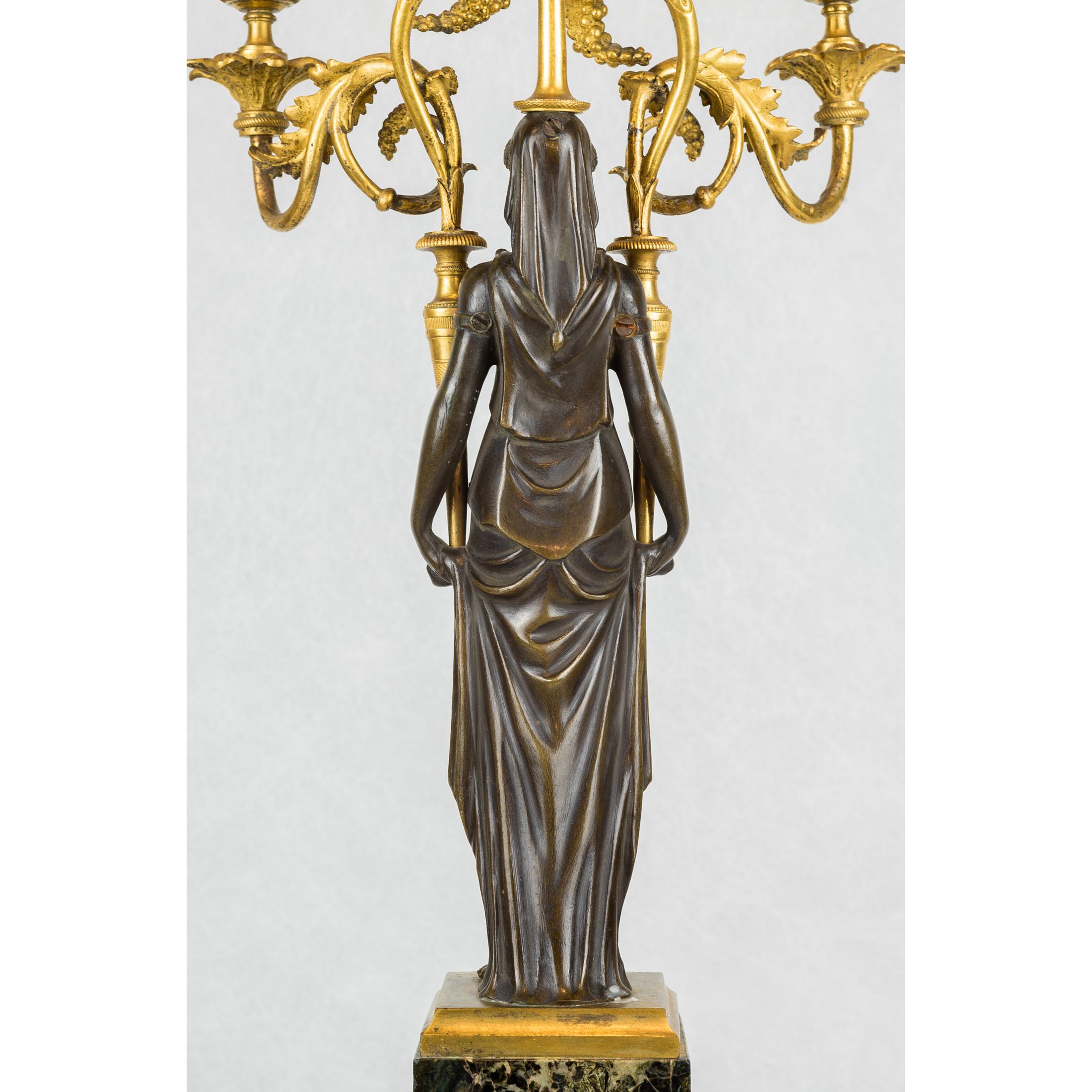 Neoclassical Fine Quality Pair of Patinated and Gilt-Bronze and Marble Three-Light Candelabra For Sale