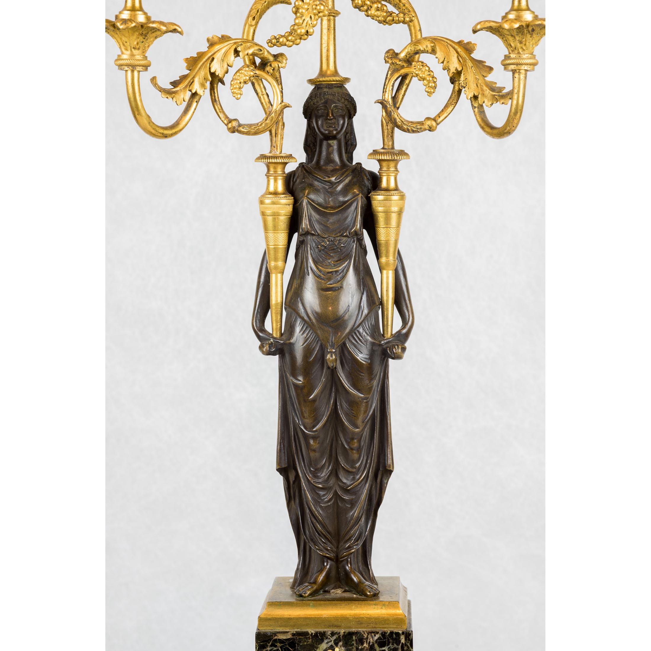 French Fine Quality Pair of Patinated and Gilt-Bronze and Marble Three-Light Candelabra For Sale