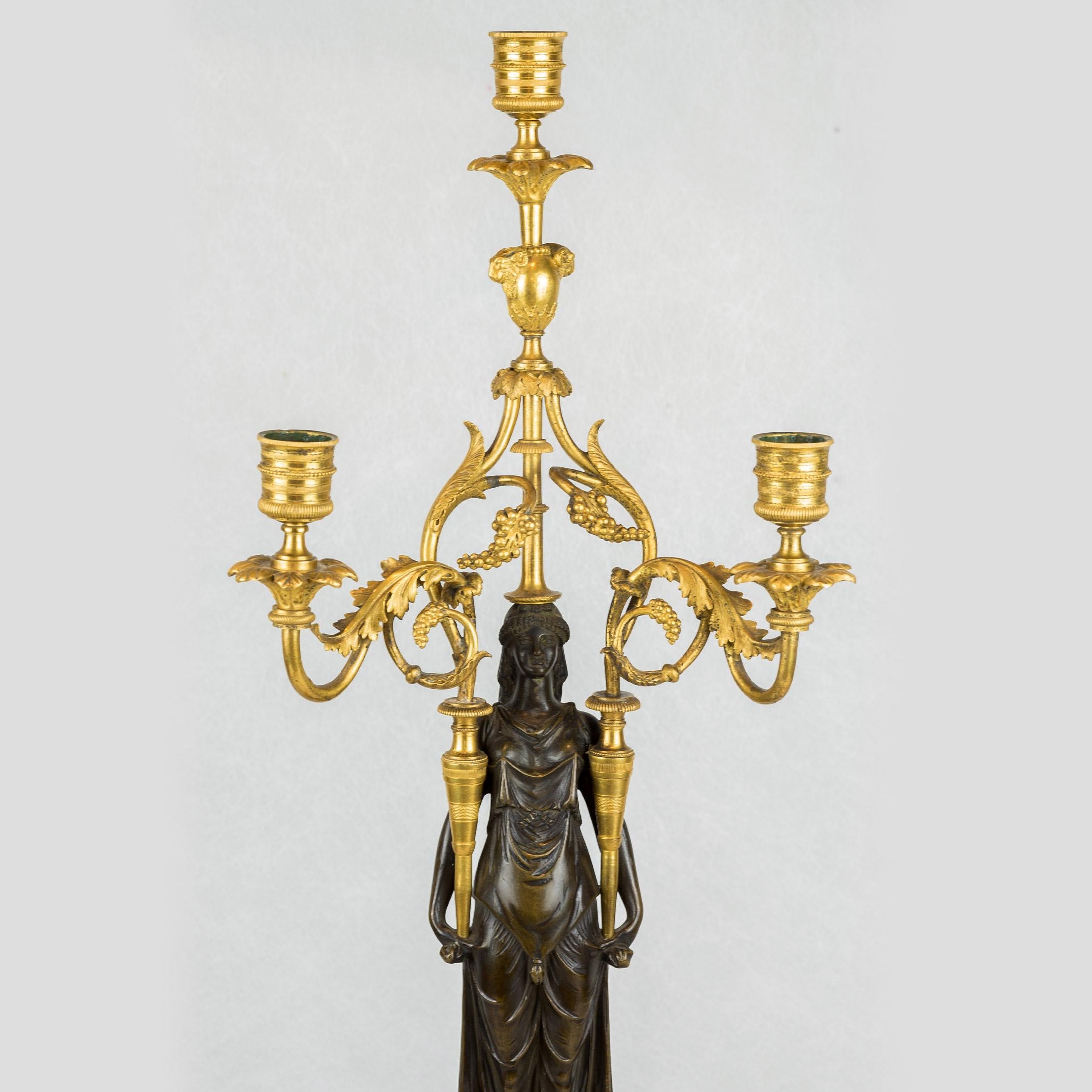 19th Century Fine Quality Pair of Patinated and Gilt-Bronze and Marble Three-Light Candelabra For Sale