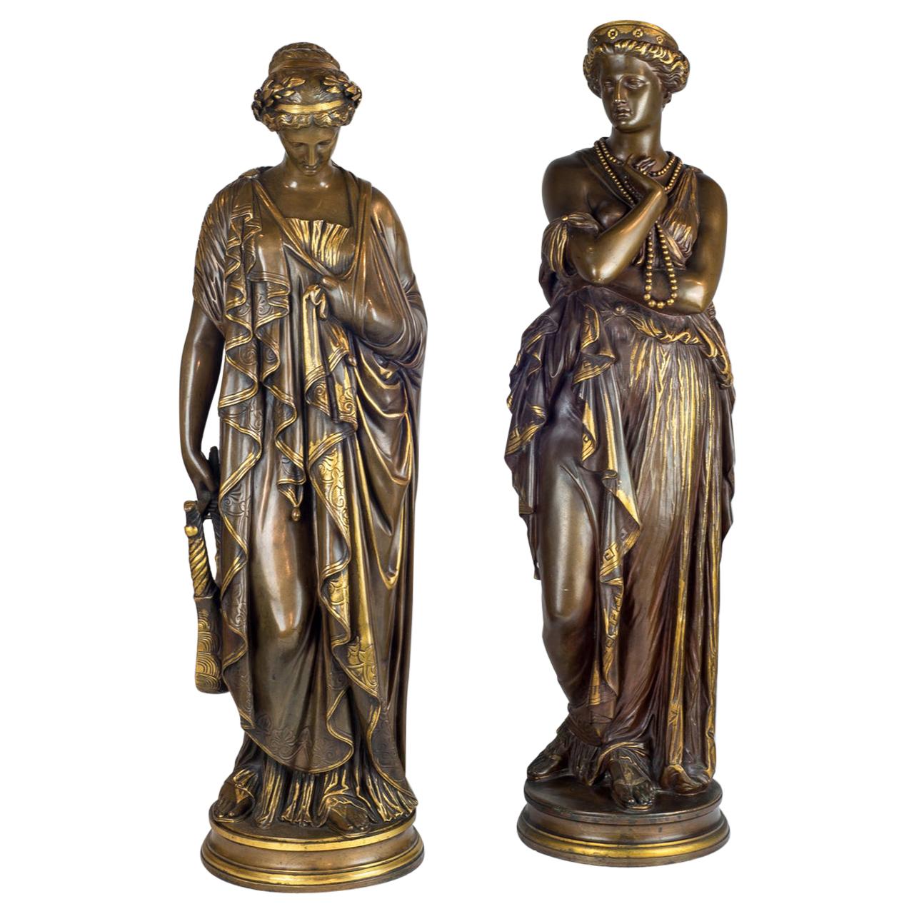 Fine Quality Pair of Patinated Bronze Statues by Jean-Baptiste Clésinger